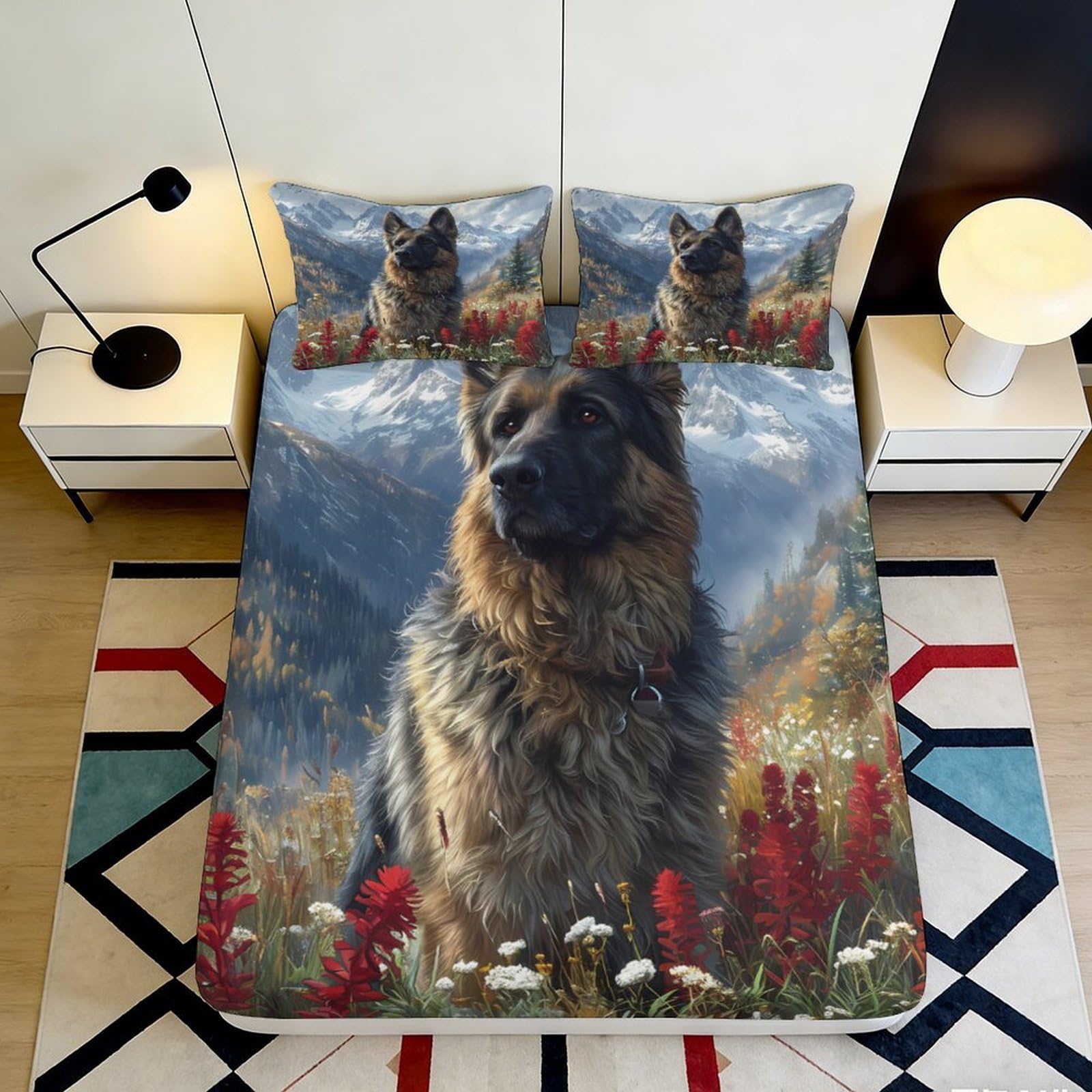 3D Printed German Shepherd Dog Fitted Sheet Microfiber Soft Animal Forest Bed Cover for Bedroom Dorm Mattress Decor, Washable Anti-Slip 90x200x25cm