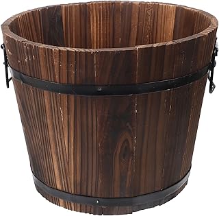 Yardwe Solid Wood Flower Pot - Rustic Carbonized Wood Planter with Drainage Holes for Indoor and Outdoor Use Vintage Barrel Design for Garden and Patio Decor, 11.81 X 9.44 X 9.05 Inch