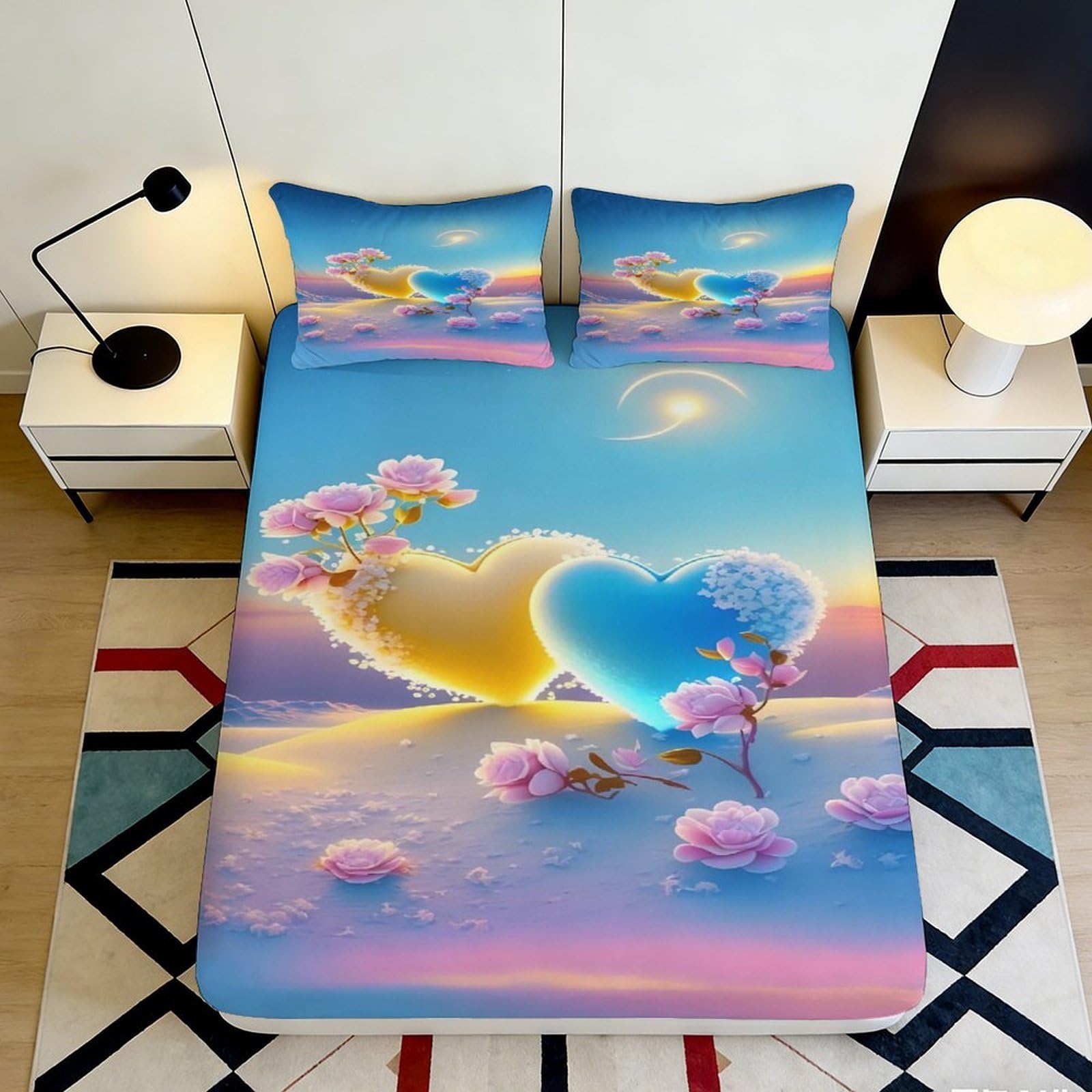 Wtorimpel Style-2 3D Printed Fantasy Hearts Fitted Sheet Microfiber Deep Pocket Bedroom Bedding Set Elastic Hem Fantasy Hearts Mattress Fitted Cover Washable For Adults Teens 200X200x25cm
