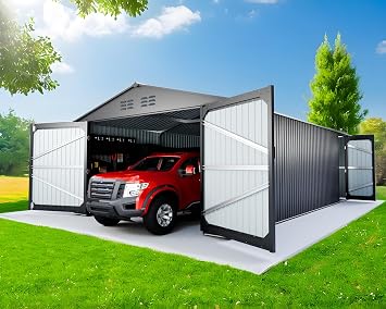 20 x 10 FT Outdoor Storage Shed, Metal Garage Shed with 2 Lockable Doors, Large Metal Building with 4 Air Vents, Galvanized Steel Prefab Storage House for Car, Truck, Bike, Tool, Dark Gray Upgrade
