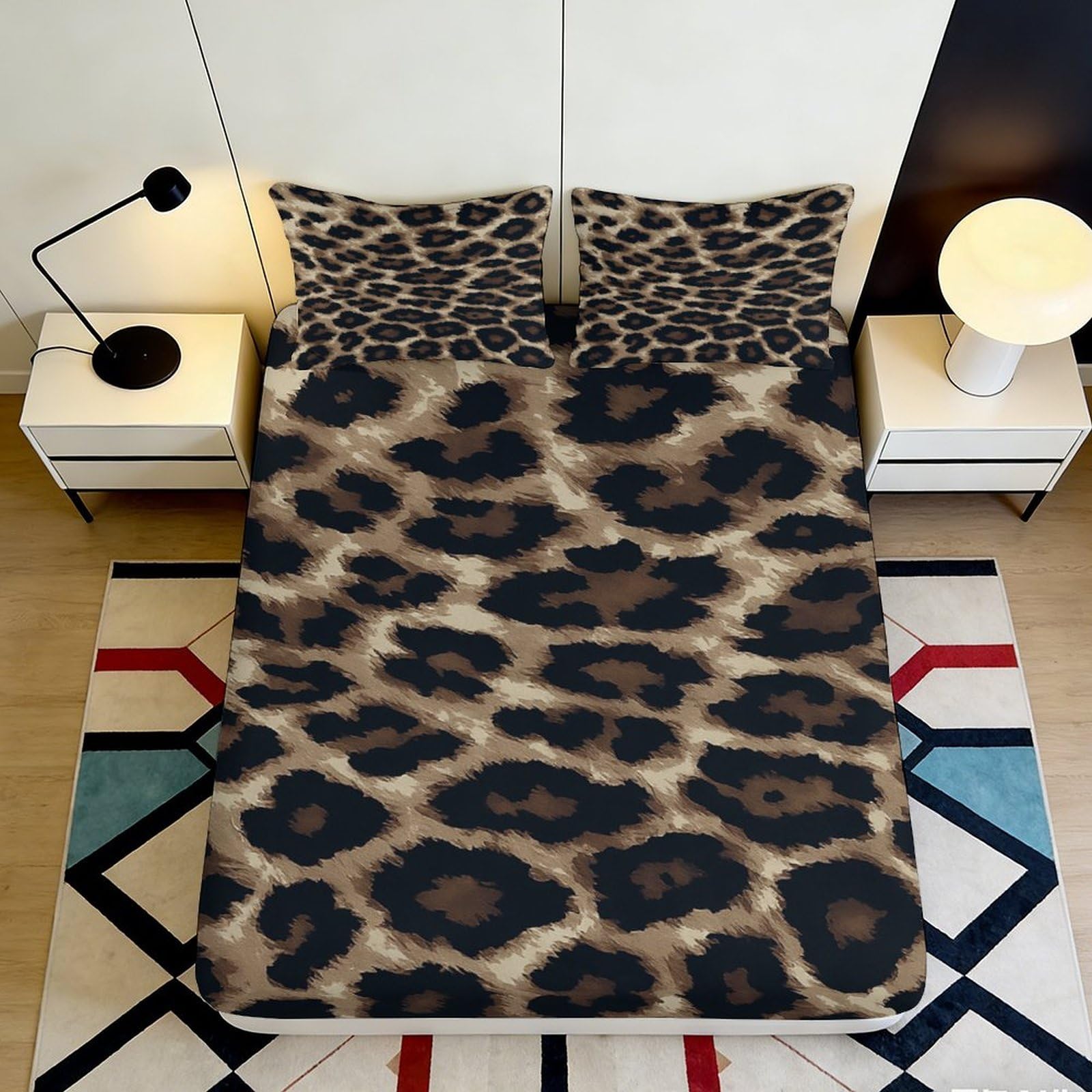 3D Printed Leopard Fitted Sheet Microfiber Deep Pocket Non-Slip Leopard Mattress Fitted Cover for Bedroom 160x200x25cm