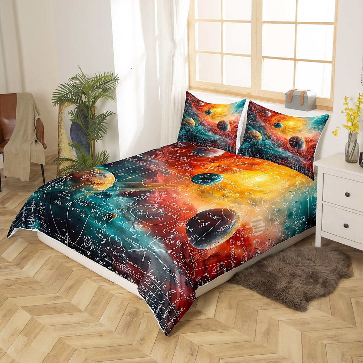 Feelyou Math Equation Bedding Set Full Size Kids Galaxy Solar System Comforter Cover Set for Boys Girls Teens Mathematics Formula Biology Duvet Cover Science Bedspread Cover Room Decor