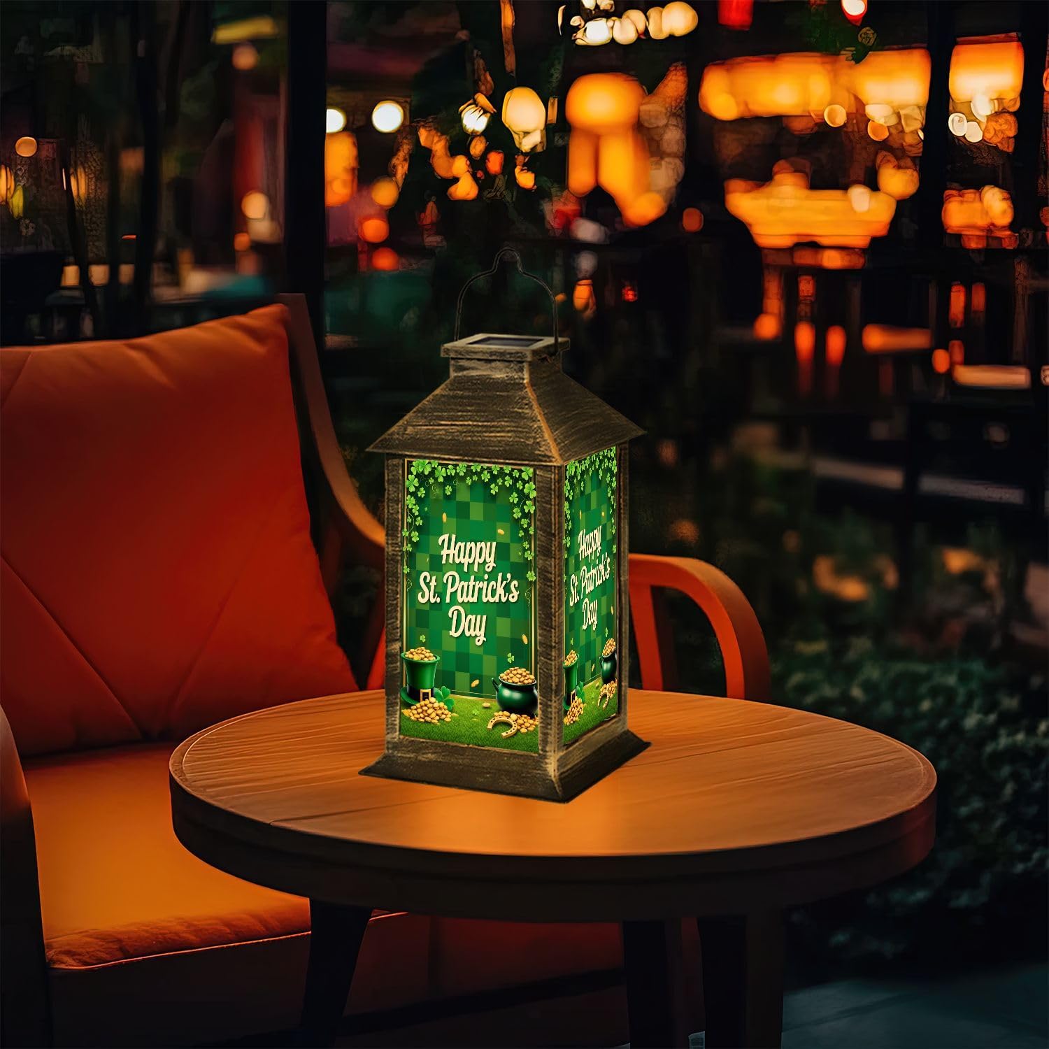 Solar Lantern St Patricks Day Backdrop Photo Decor Gold Coins Lucky Shamrocks Top Outdoor Garden Hanging Lantern Waterproof Solar Powered Lighting Outside Table Lamp for Deck Yard Camping Patio Decor