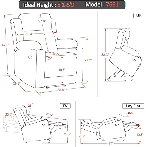 Miniatura 8 de MCombo Sofá reclinable mediano plano de doble motor con reposacabezas ajustable, masaje y calor para personas mayores, posición infinita, tela 7661
