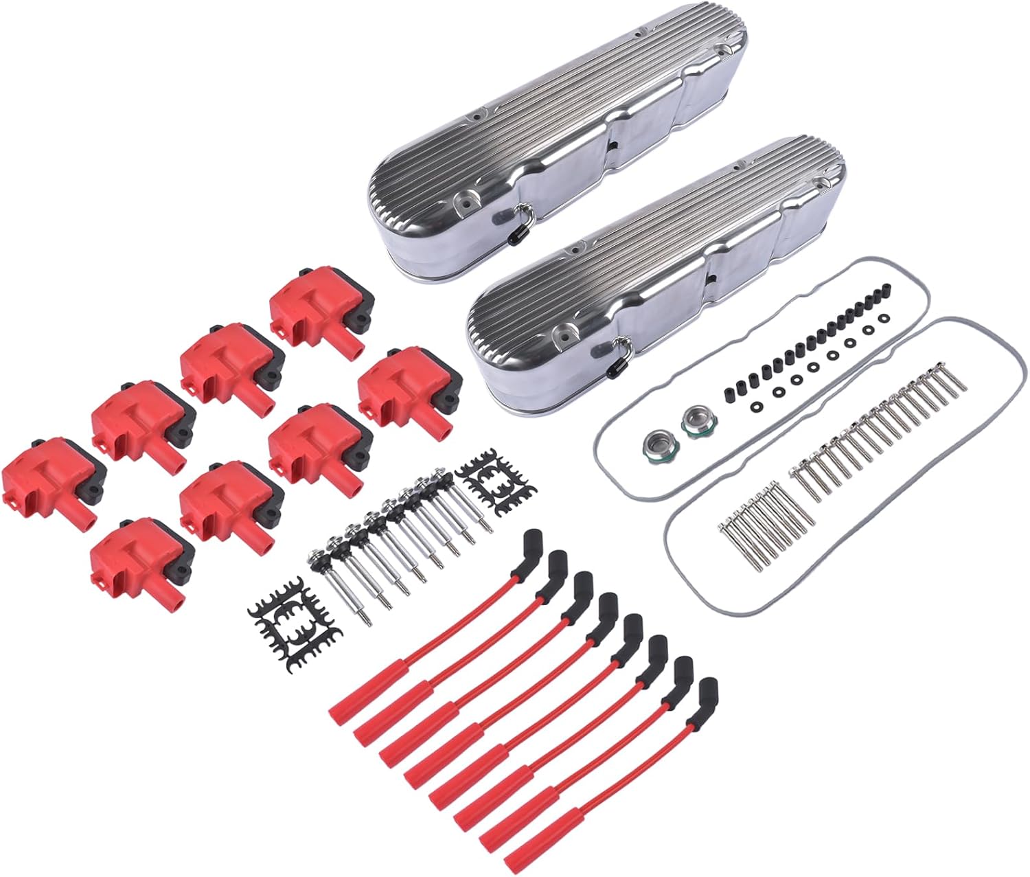 Finned Vintage Hidden Coil Aluminum Valve Cover Polished Replacement for Chevy LS1 LS2 LS3 LS6 LS7 8082-2P