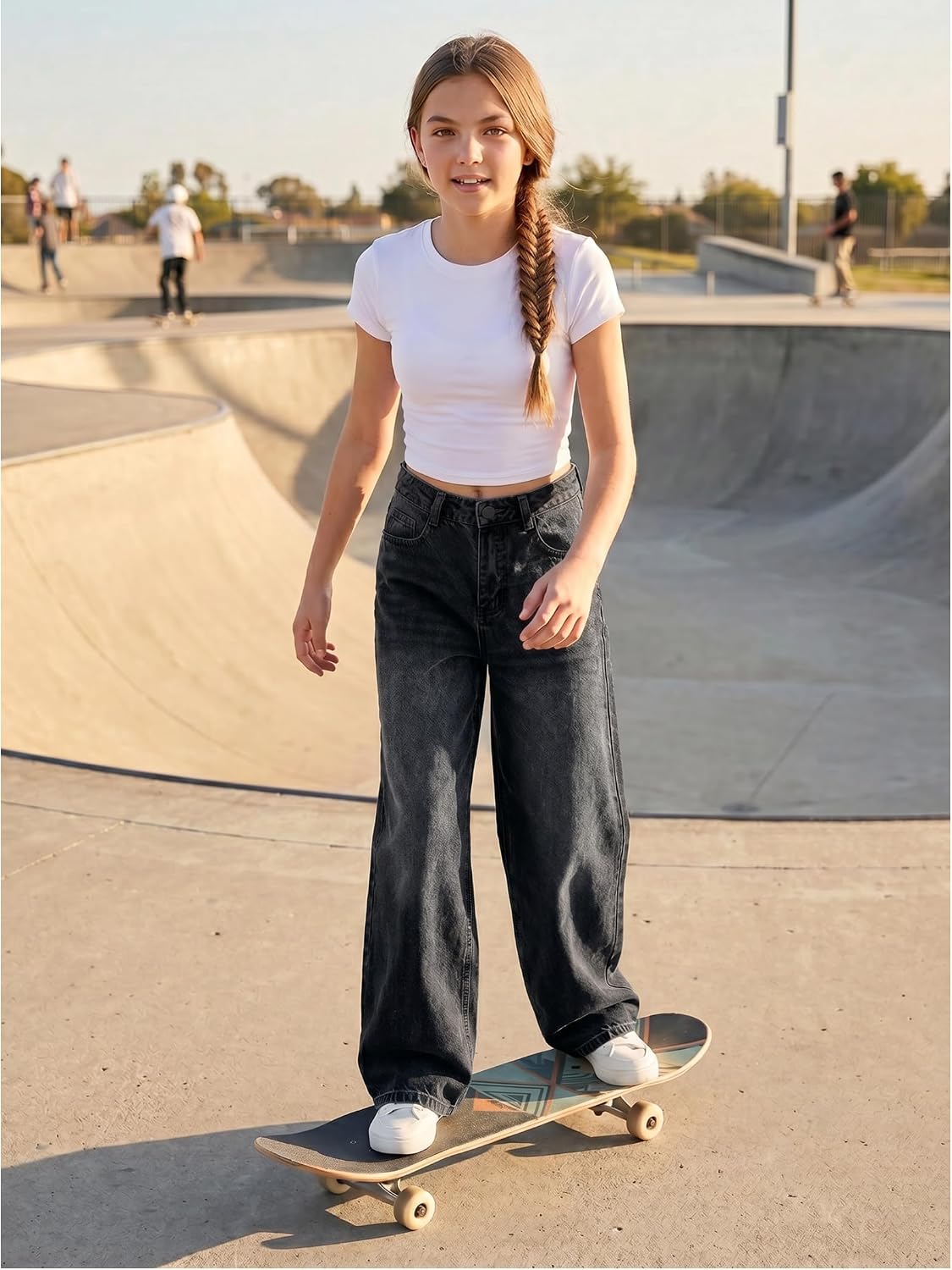 EXARUS Girls Jeans Baggy Wide Leg Cute Teen Tween Long Denim Pants Clothes Tall Junior Elastic Band Pockets