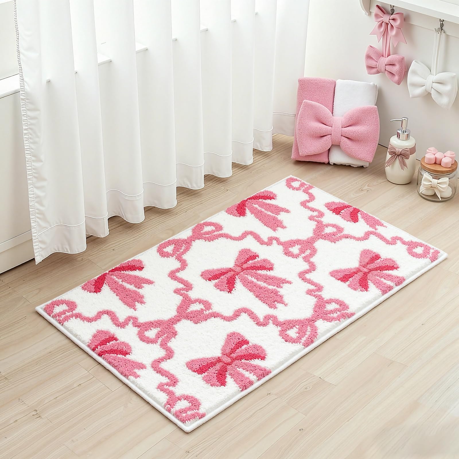 Lindameler Pink Bow Bathroom Rugs Coquette Cute Bath Mat Non Slip Absorbent Bow Bath Mat Washable 16 X 24 inch Bathroom Mats for Front Door, Bedroom,