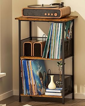 Honkazita Record Player Stand 3-Tier, Vinyl Record Storage up to 200 Albums, Record Player Table with Smooth Wood Top, Fits Most Phonographs, Turntable Stand & Bedside Nightstand, Space-Saving