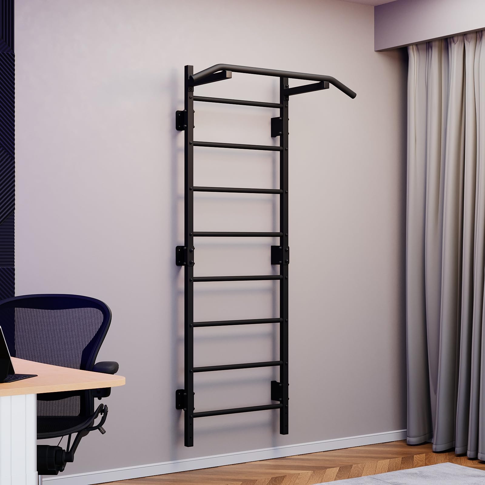 QLS Sprossenwand mit Klimmzugstange Stahl bis 250 kg 228 cm Schwarz | Wandmontage für Home Gym mit 115 cm breiter Klimmzugstange. Profil 40 x 40 x 2 mm, Montagesatz ohne Wanddübel
