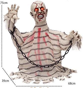 Halloween Zombie Groundbreaker Decoration,Scary Animatronics Zombie Prisoner with Glowing Eyes and Sounds for Outdoor Graveyard Haunted House Decor,Sounds Activated Animated Swing Body Zombies Props