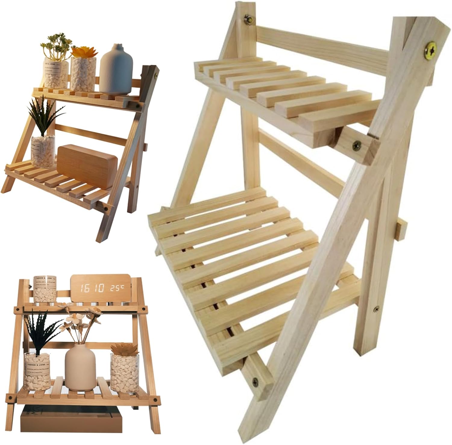 2 Tier Wooden Ladder Shelf for Table Shelf Unit 34x18x35cm Foldable Standing Simple Style Trapezoidal Flower Ladder Stand for Garden Living Room Bedroom ..