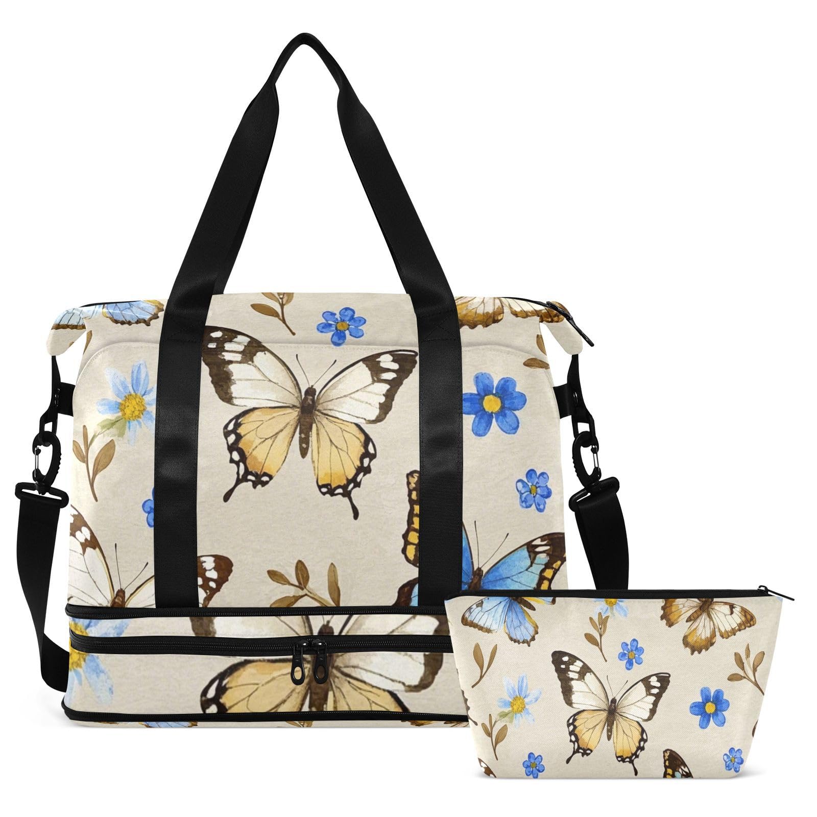 Modische bunte Reisetasche mit Schmetterlingen, Beige, übergroße Reisetasche mit Nassfach, verstellbarer Riemen, Tragetasche für Fitnessstudio, wasserdicht, für Männer und Frauen