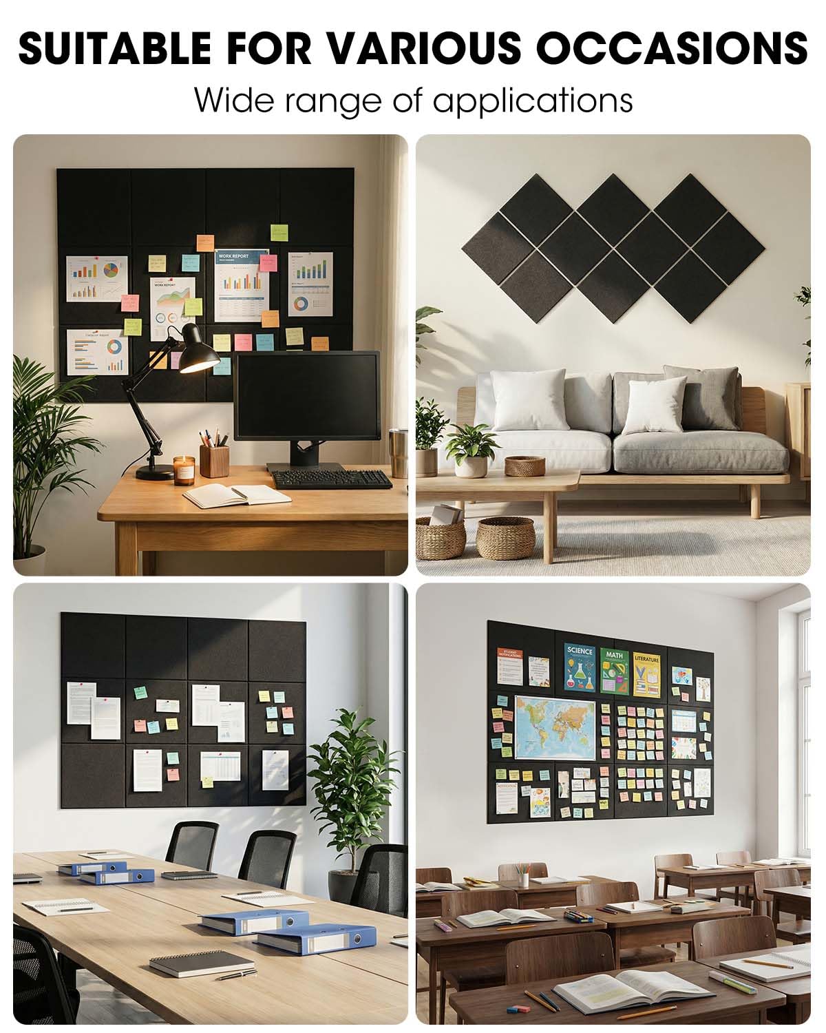 Pinnwand 12er Set selbstklebend,vision board，30x30cm je Tafel, 9mm dick, schallabsorbierend, inkl. Korkwand Alternative，90 bunte Pinnnadeln, für Büro, Küche, Kinderzimmer, Schule