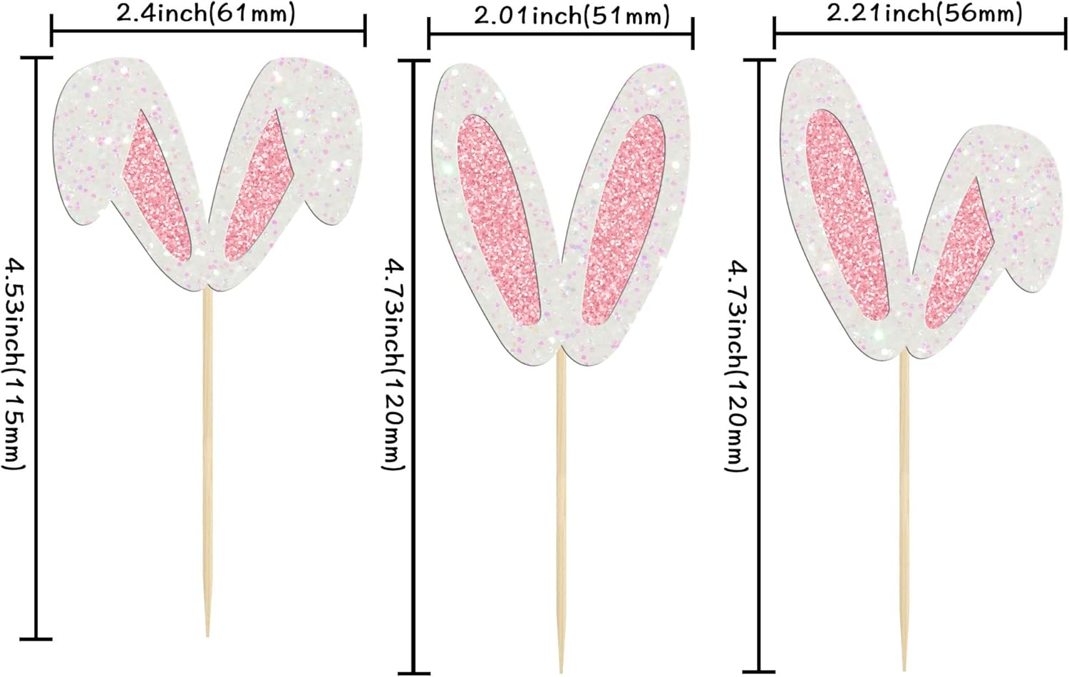24Pcs Glitter Bunny Ears Cupcake Toppers Easter Rabbit Theme Happy Birthday Cupcake Picks for Bunny Happy Easter Baby Shower Birthday Spring Easter Party Cake Decorations