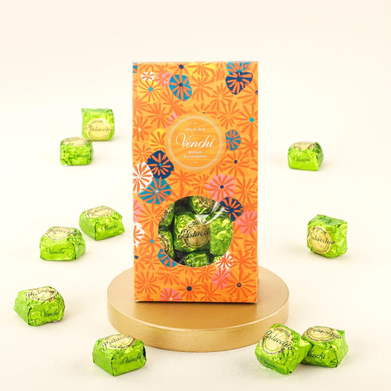 Venchi Chocoviar Pistachio Chocolate 15-Piece Elegant Gift Box - Creamy Pistachio & Hazelnut Paste, Dark Chocolate Shell Topped With Toffee Grains & Cocoa-bean Nibs - Preservative & Gluten Free