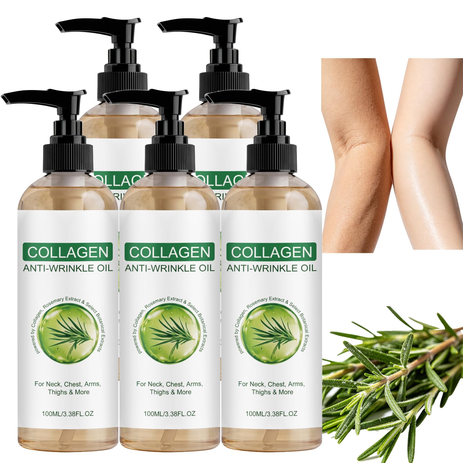 Aceite corporal antiarrugas de colágeno, reafirmante de colágeno, aceite corporal reafirmante después de la ducha, ligero, no graso, hidratante para cuello, pecho, brazos, muslos y más (5 unidades)