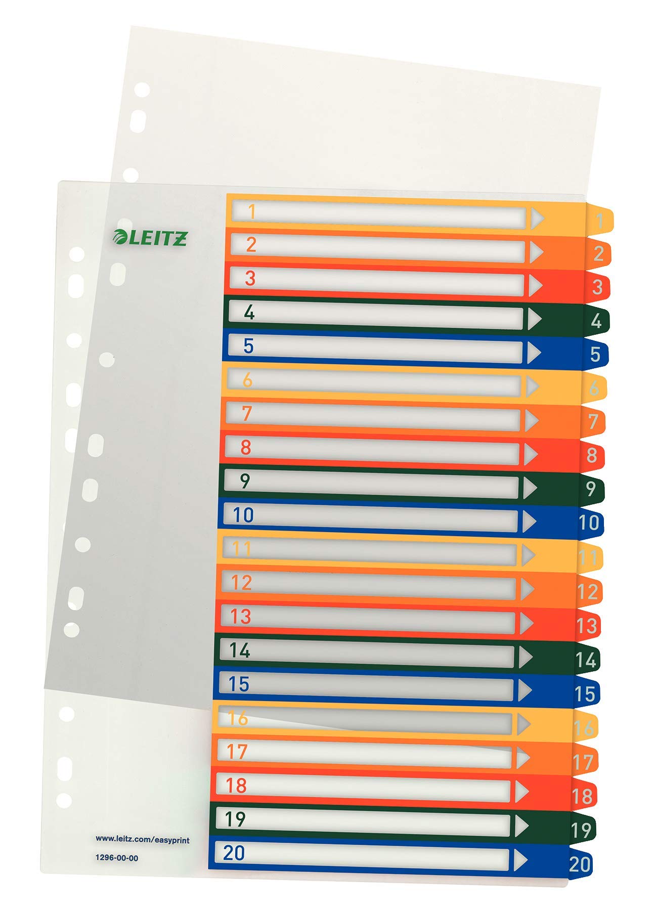 Leitz PC-beschriftbares Register, A4, PP, extrabreit, mehrfarbig (Zahlen 1-20 / 10er Pack)
