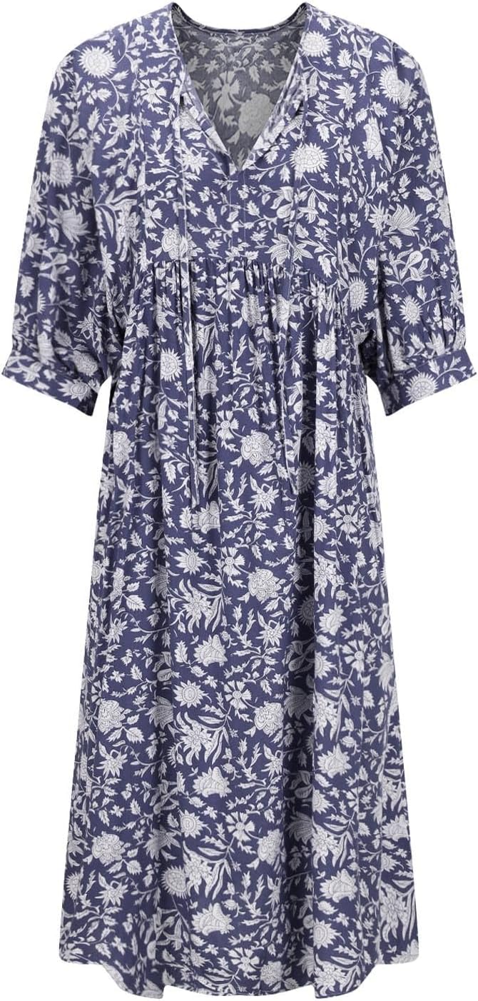 Womens Cotton Boho Floral Dresses Trendy Casual V Neck Lantern Sleeve Beach Midi Dress Flowy Sundress with Pockets