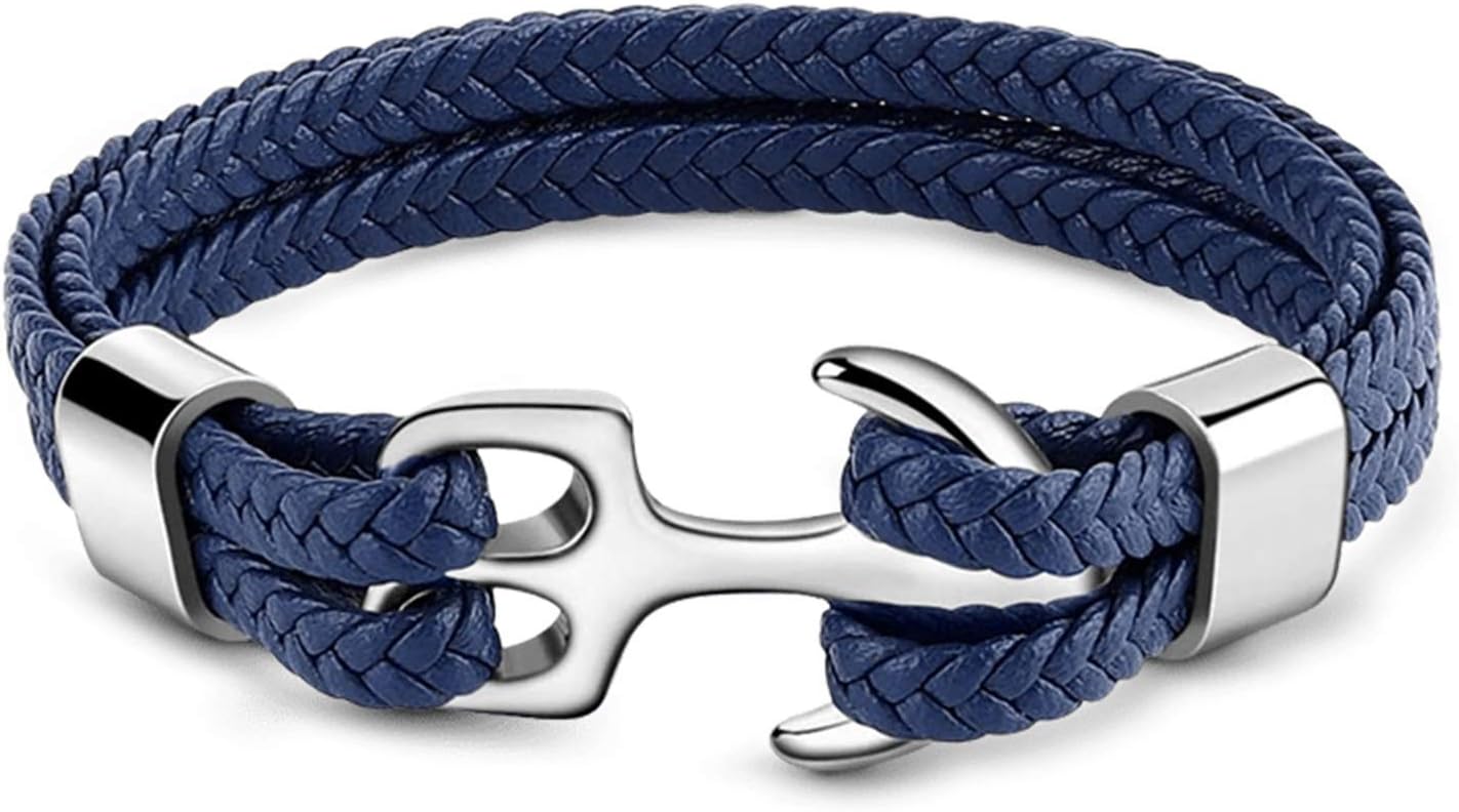 GNOCE Anchor Leather Bracelet for Men Braided Genuine Leather Bracelet with Stainless Steel Punk Wrist Cuff Bracelet Gift For Men (Blue, 7.5)