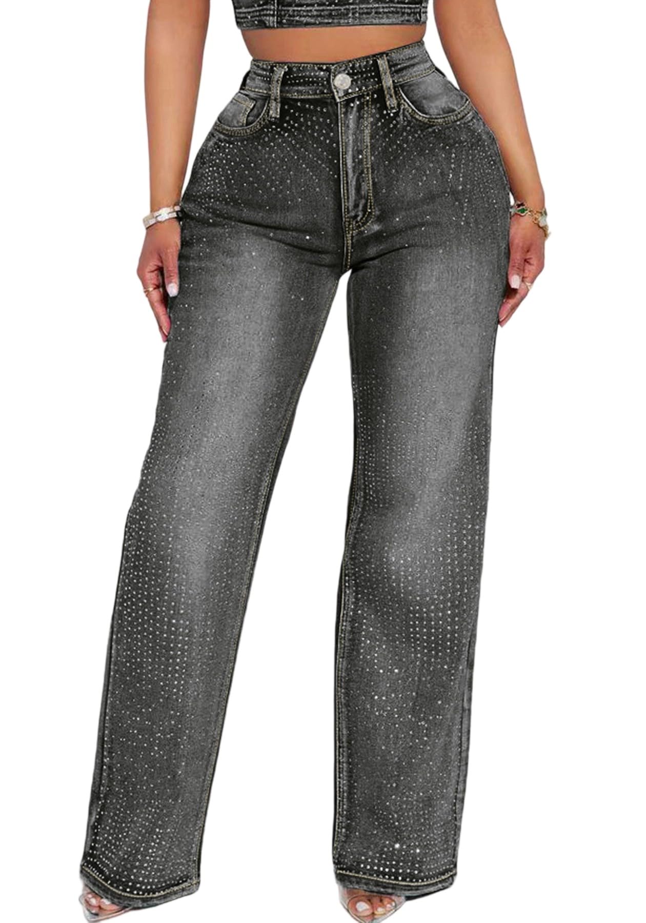 Womens Rhinestone Jeans High Waist Sparkly Straight Wide Leg Denim Pants Y2K Baggy Vintage Glitter Trousers