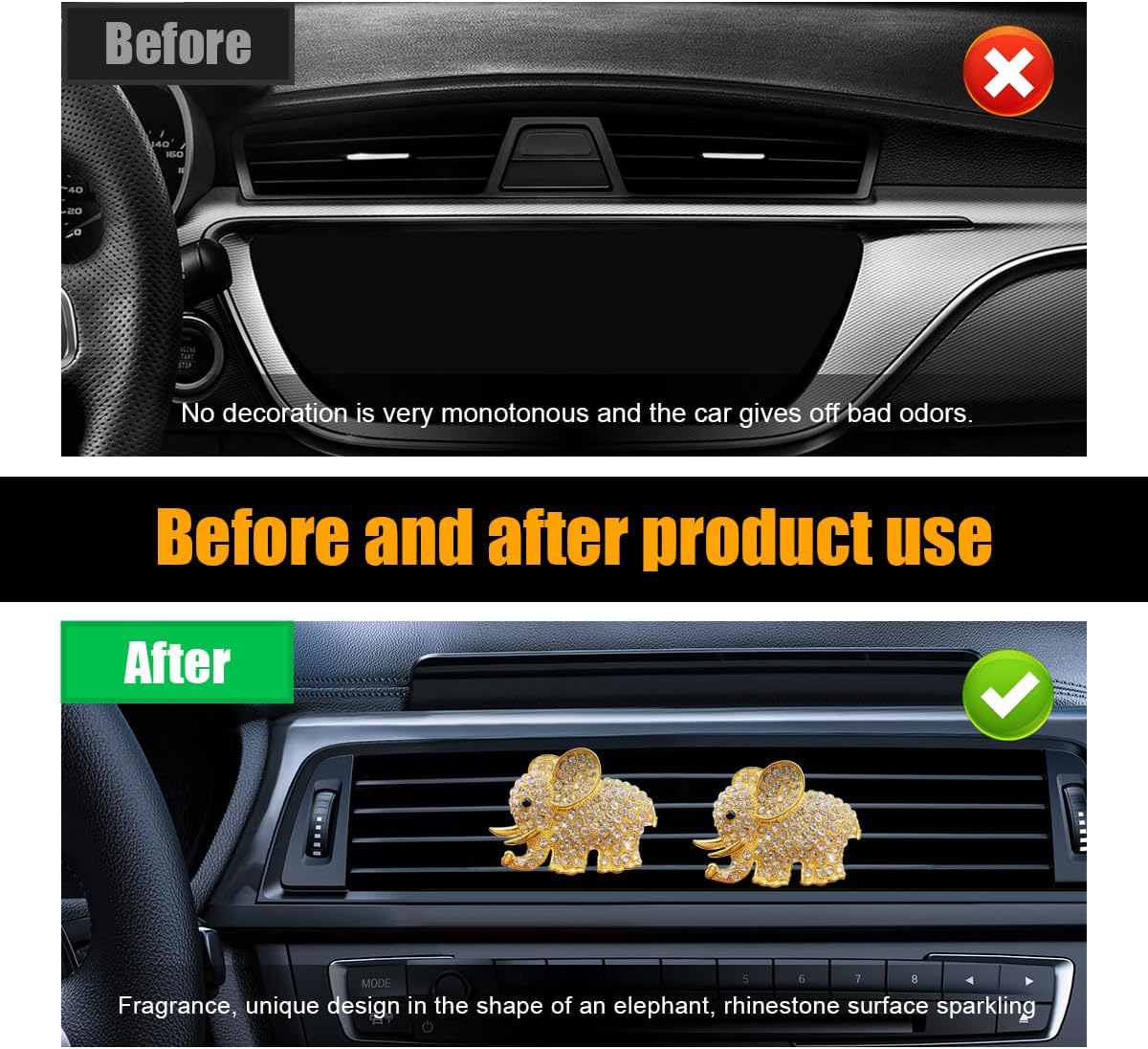 2 PCS Bling Car Air Vent Clip, Cute Heart Shaped Crystal Air Conditioning Outlet Clip, Air Fresheners Diffuser Clip Charm, Interior Decor Car Accessories For Women Girl (Golden)