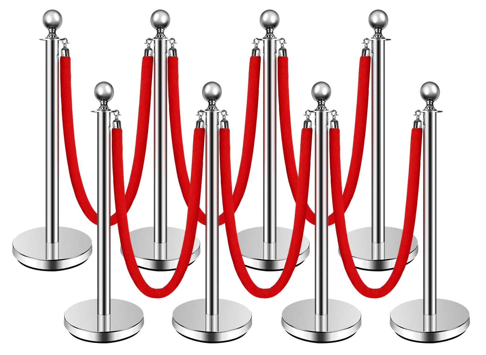 Stainless Steel Stanchion Post,5 FT Velvet Red Carpet Ropes and Poles,Hollow Base and Ropes Safety Barriers Set,Stanchions and Velvet Ropes,Carpet Runner for Party(37in,8pcs,Silver)