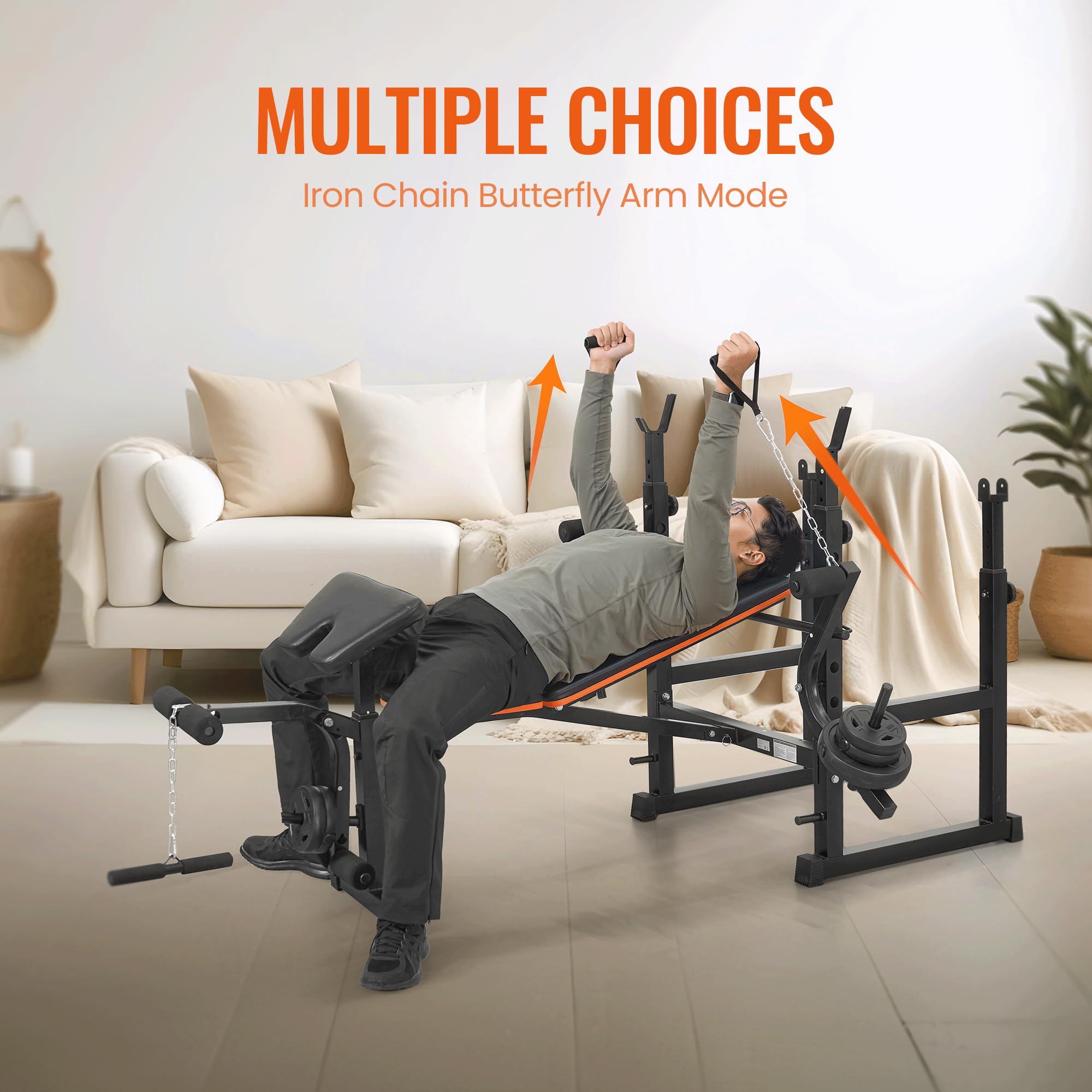 Weight Bench with Squat Rack, Adjustable Workout Bench with Preacher Curl Pad, Leg Extension & Curl, Safety Bar Catches, 600 lbs Capacity All-in-One Strength Training Bench for Home Gym
