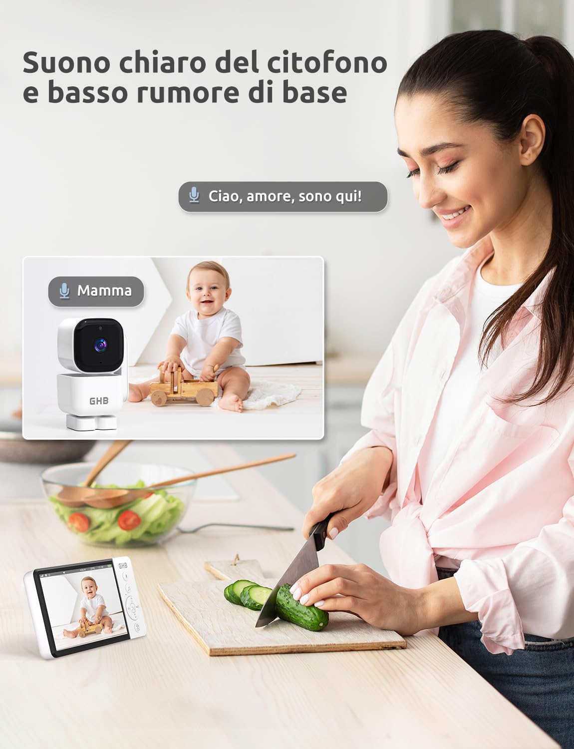 GHB Baby Monitor Video e Audio 5'', 350° Telecamera Rotante 720HD IPS Schermo, 5000mAh, Monitoraggio Temperatura, Visione Notturna, Audio Bidirezionale, VOX, Ninne Nanne