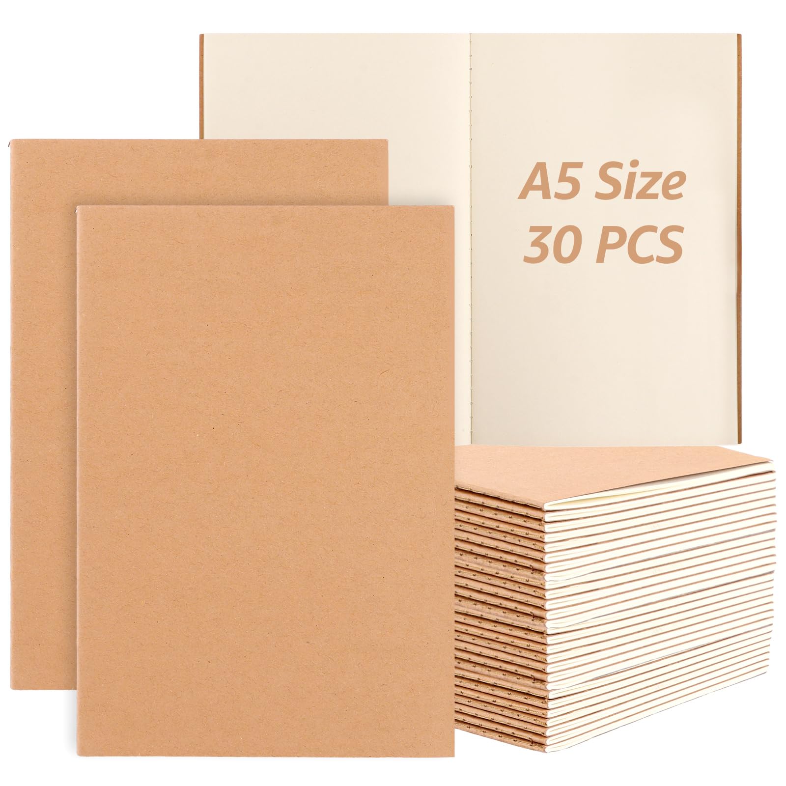 APACALI Carnet de Notes A5 30 Pcs 60 Pages Blanc avec Couverture Papier Kraft