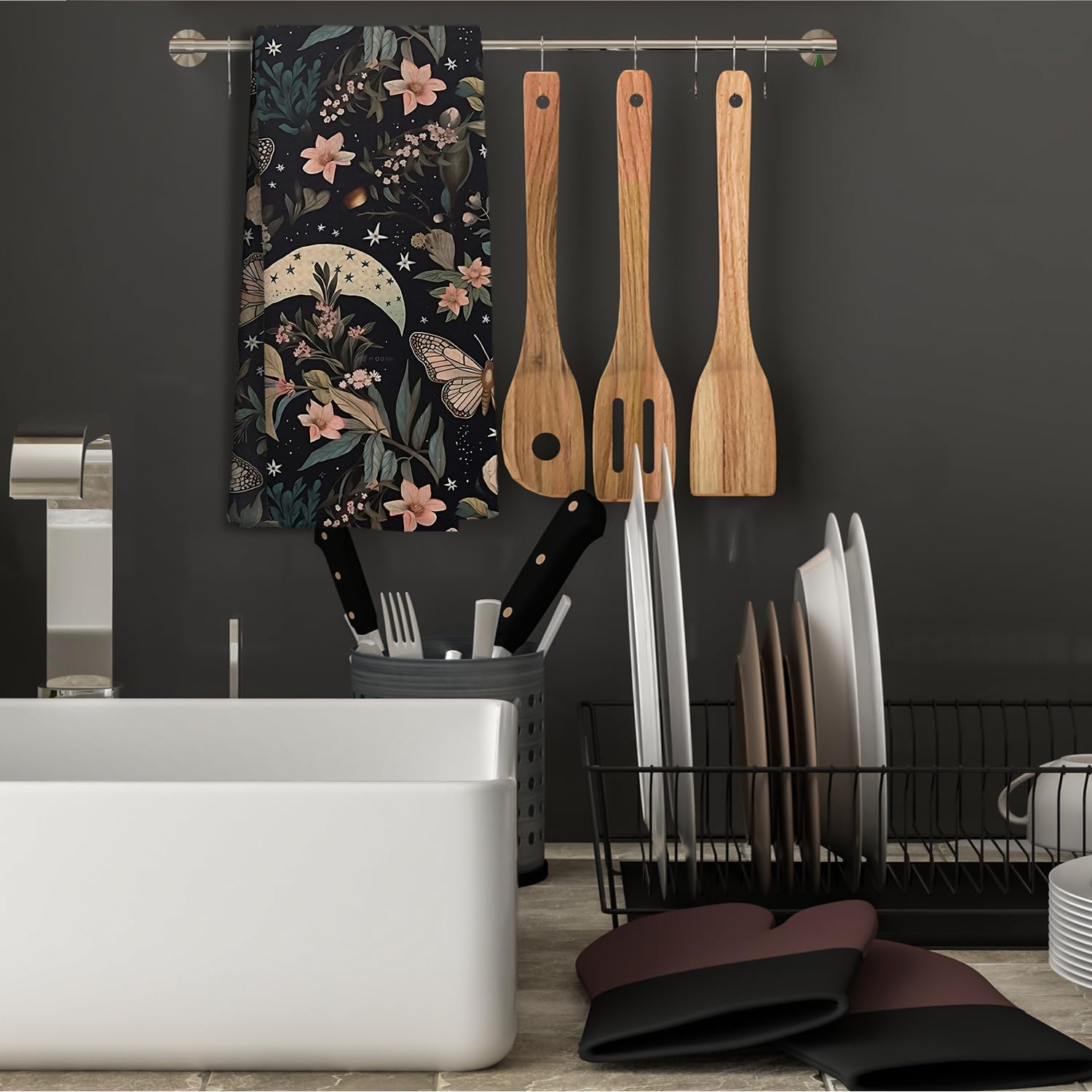 Mystical Gothic Witchy Floral Moth Moon Kitchen Towels, Vintage Boho Botanical Night Sky Dish Tea Towels, Dark Academia Cottagecore Hand Towels for Kitchen Bathroom, 16x24 Inch - Image 2