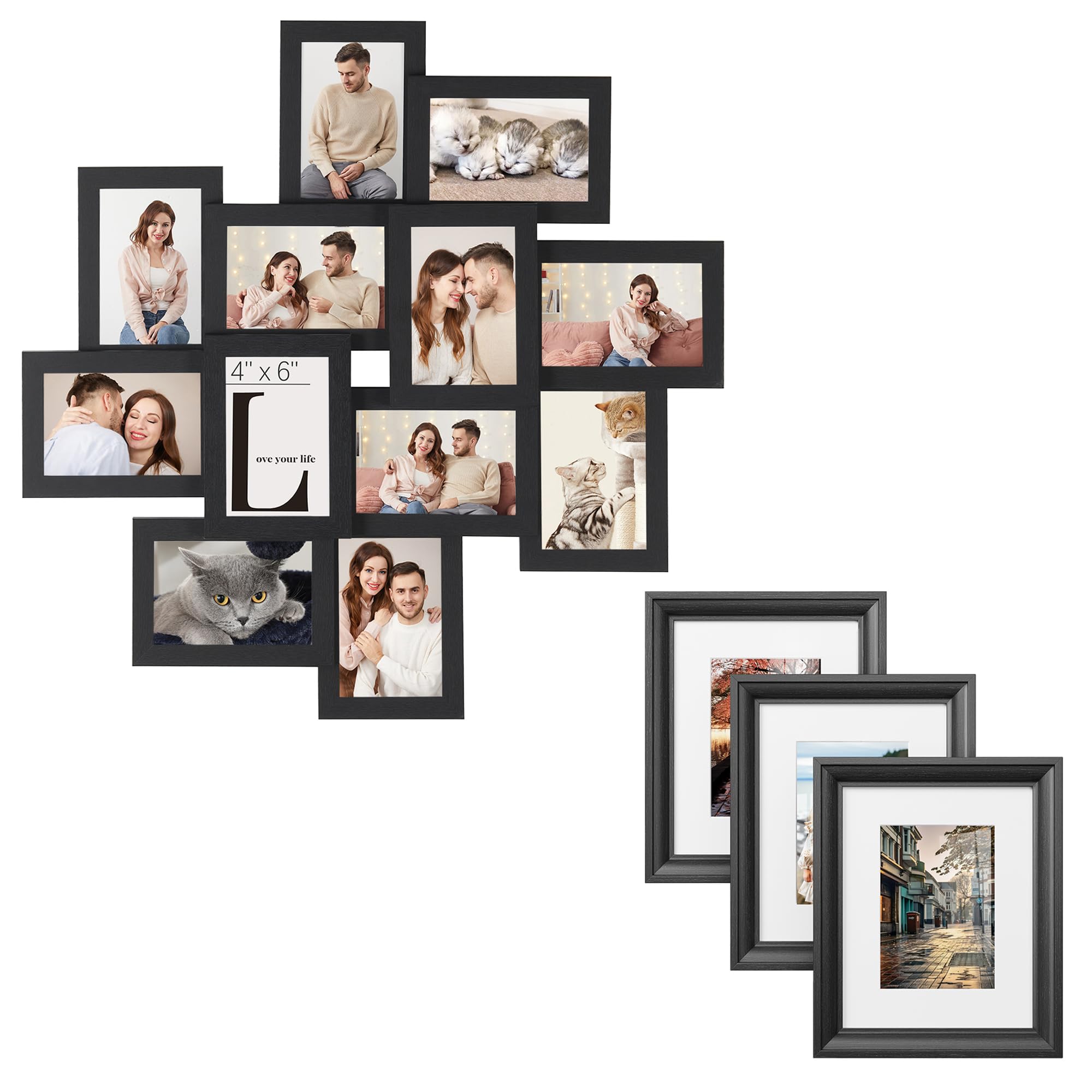 SONGMICS 4x6 Collage Picture Frames Bundle with Set of 10 Picture Frames with 16 Mats, MDF and Glass, Ash Black and Ink Black URPF049B01 and URPF22BK