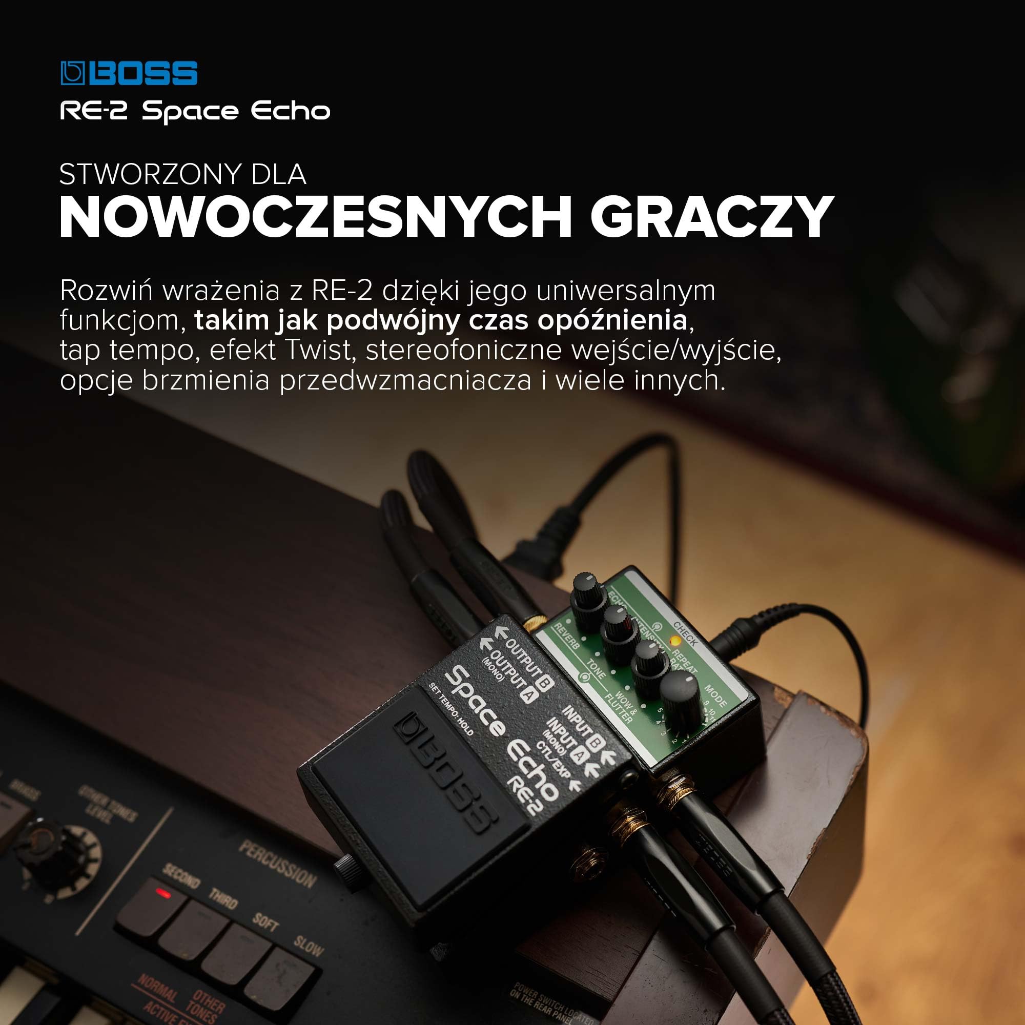 BOSS RE-2 Space Echo | Tape Delay Reverb Efekt Pedał | Nowoczesna, Kompaktowa Rekonstrukcja Legendarnego Roland RE-201 Space | True Stereo | Spring Reverb | Wow & Flutter