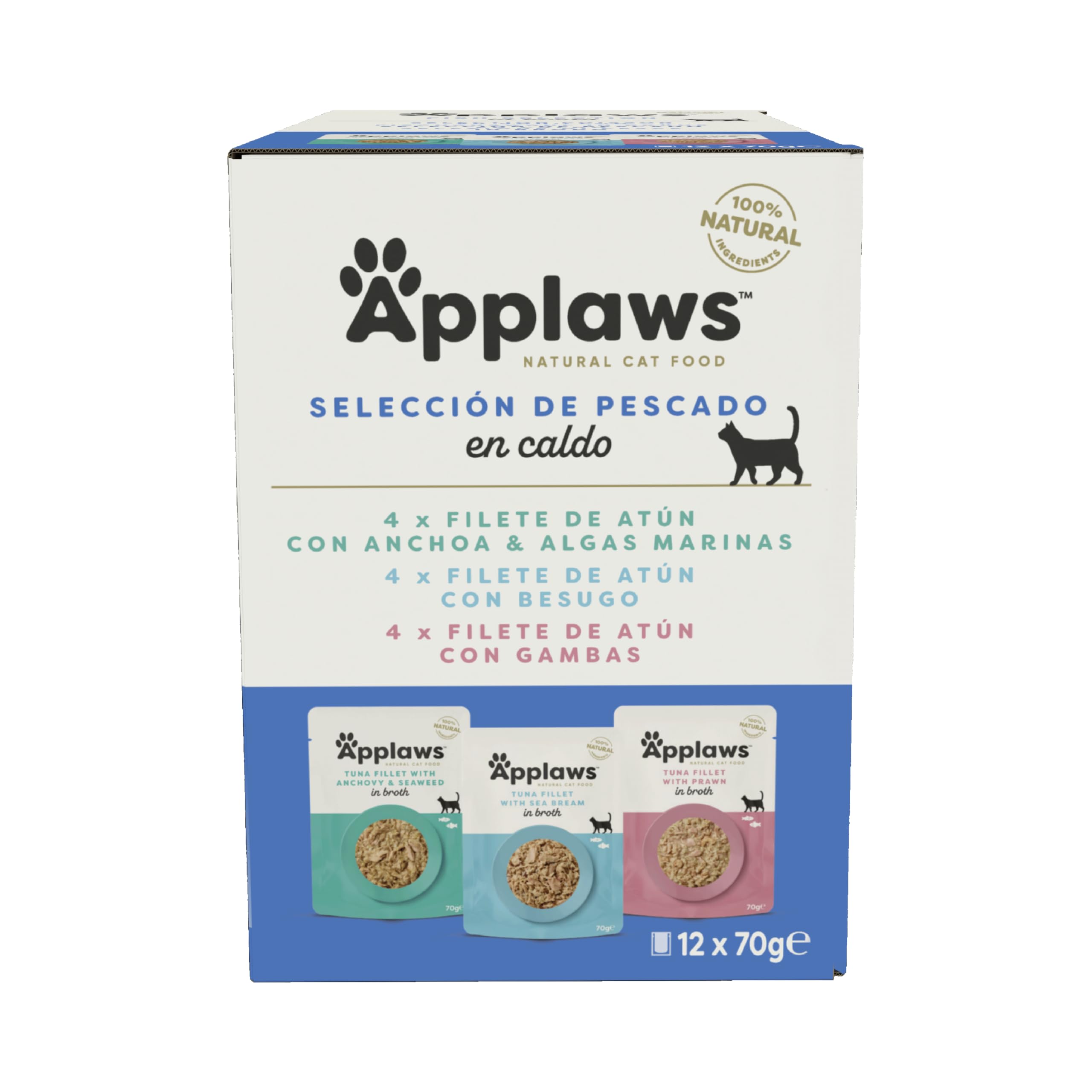Applaws Wet Cat Food 100% Natural Fish Selection Multipack in Broth for Adult Cats - 12 x 70g Sachets