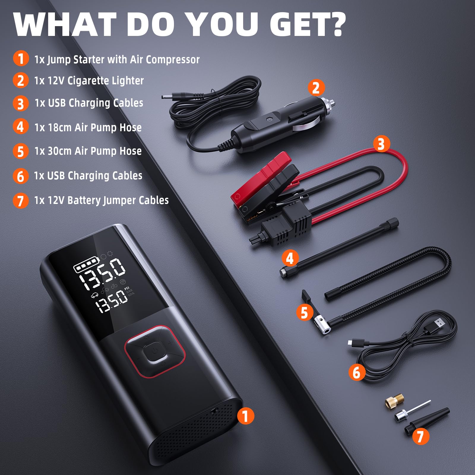 Jump Starter with Air Compressor, 5000A Battery Jumper Starter Portable (9L Gas/8L Diesel) with 160PSI Auto-Shutoff Tire Inflator, 12V Jump Box Car Battery Jump Starter with Jumper Cables, LED Light