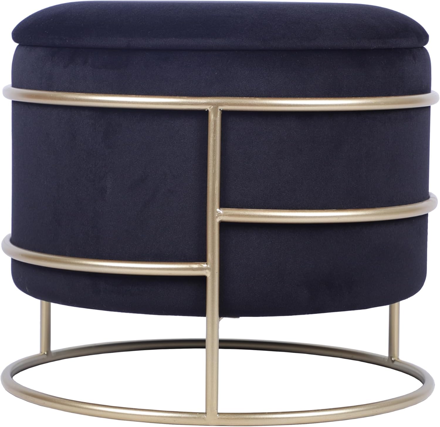 Elegant Velvet Round Ottoman with Gold Frame and Storage (Black)