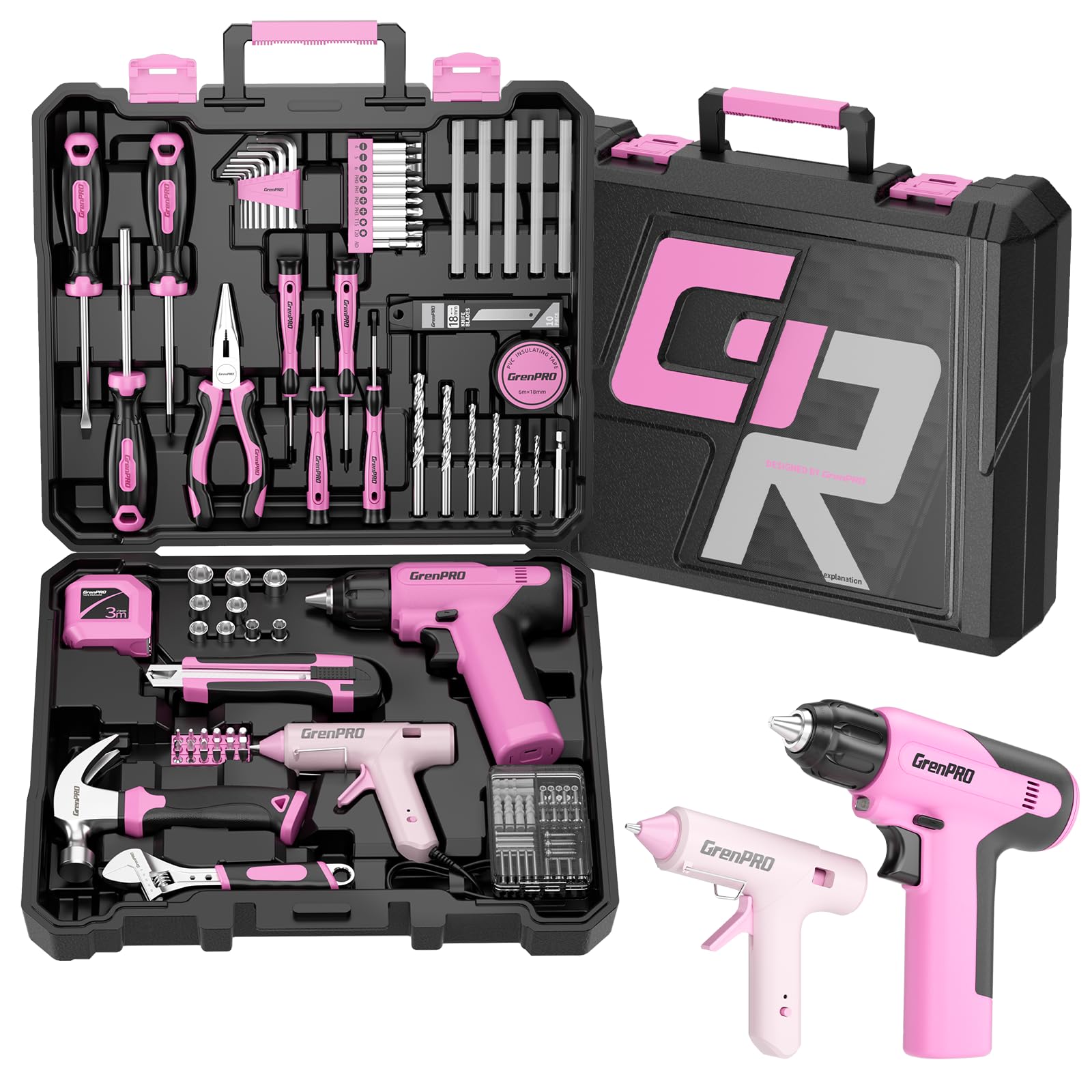 GRENPRO Pink Tool Set Drill Set, 188PCS Tool Kit For Home with