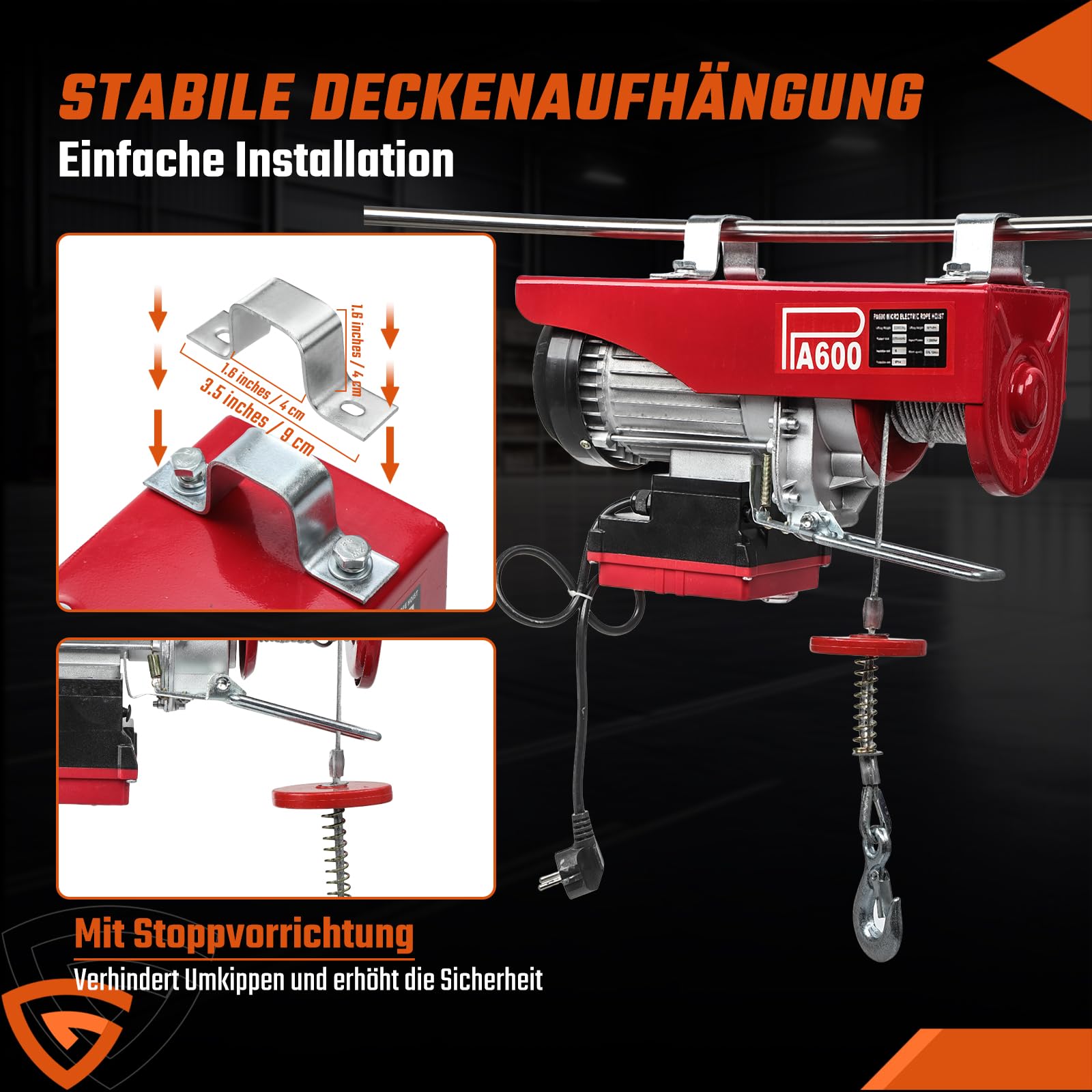 Elektrische Seilwinde 300kg bis 600kg Hubhöhe 12m Seilzug Motorwinde Flaschenzug 10m/min Hubgeschwindigkeit Dual-Modus(Einfach- und Doppelseile）Hebezug mit kabelloser Fernbedienung Seilhebezug Ketten