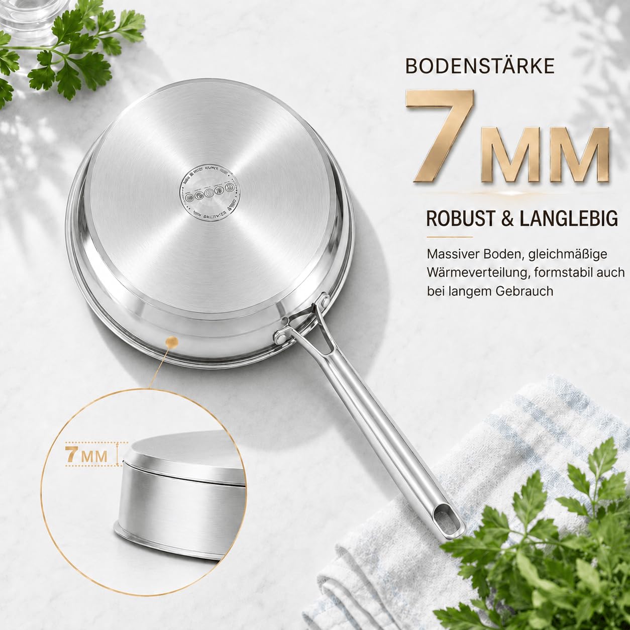 DELARLO Edelstahlpfanne Unbeschichtet 28 cm mit Deckel