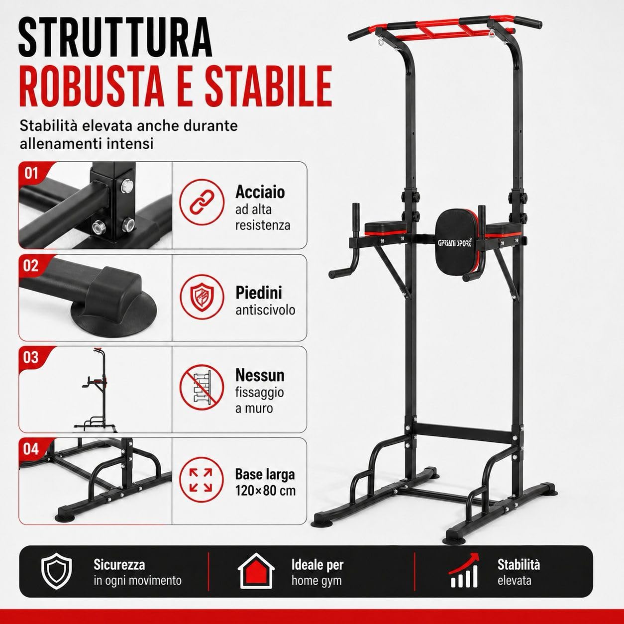 Power Tower Multifunzione Sbarra Trazioni Autoportante Regolabile 165-240 cm, Acciaio, Nero e Rosso, 120x80 cm