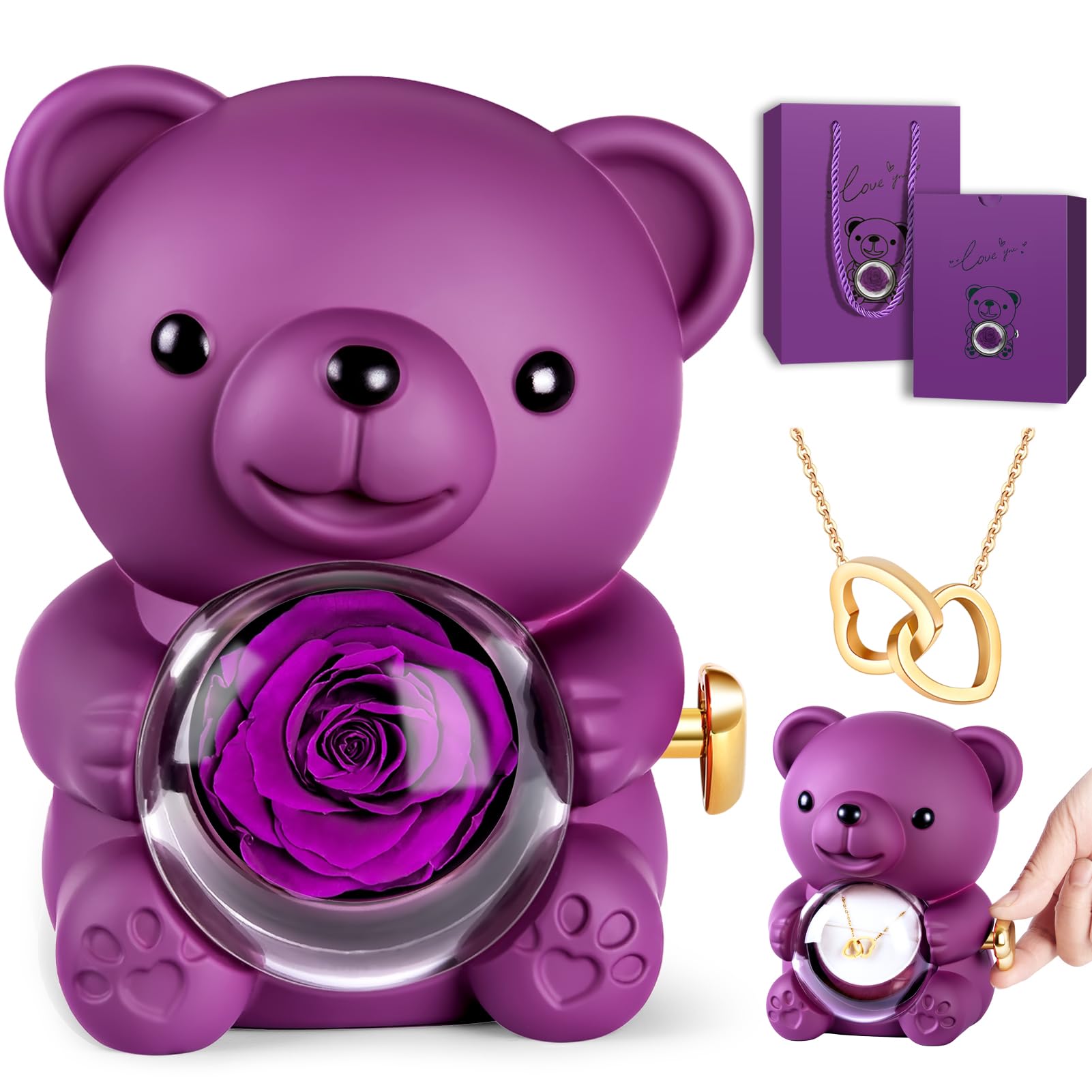 Oso con Rosa Eterna y Collar, Flor Eterna con Osito,Osito con Colgante Dentro, Oso Amor Eterno, Regalo para Ella Oso- Regalos para Mujer día de San Valentín, Cumpleaños