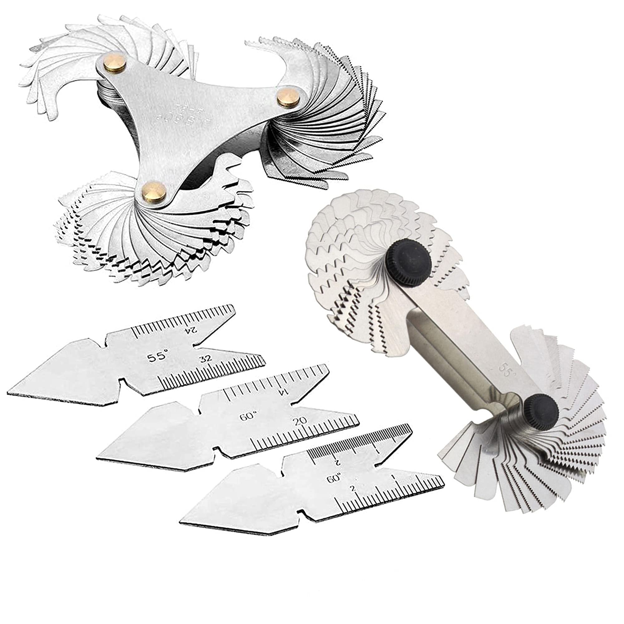 Thread Pitch Gauges Measure Tool, Stainless Steel Thread Gauges, 3 Pcs 55 & 60 Degree Metric System Centre Gage + 51Pcs America SAE Type + 52 Pcs Metric & America SAE Type & British Whitworth