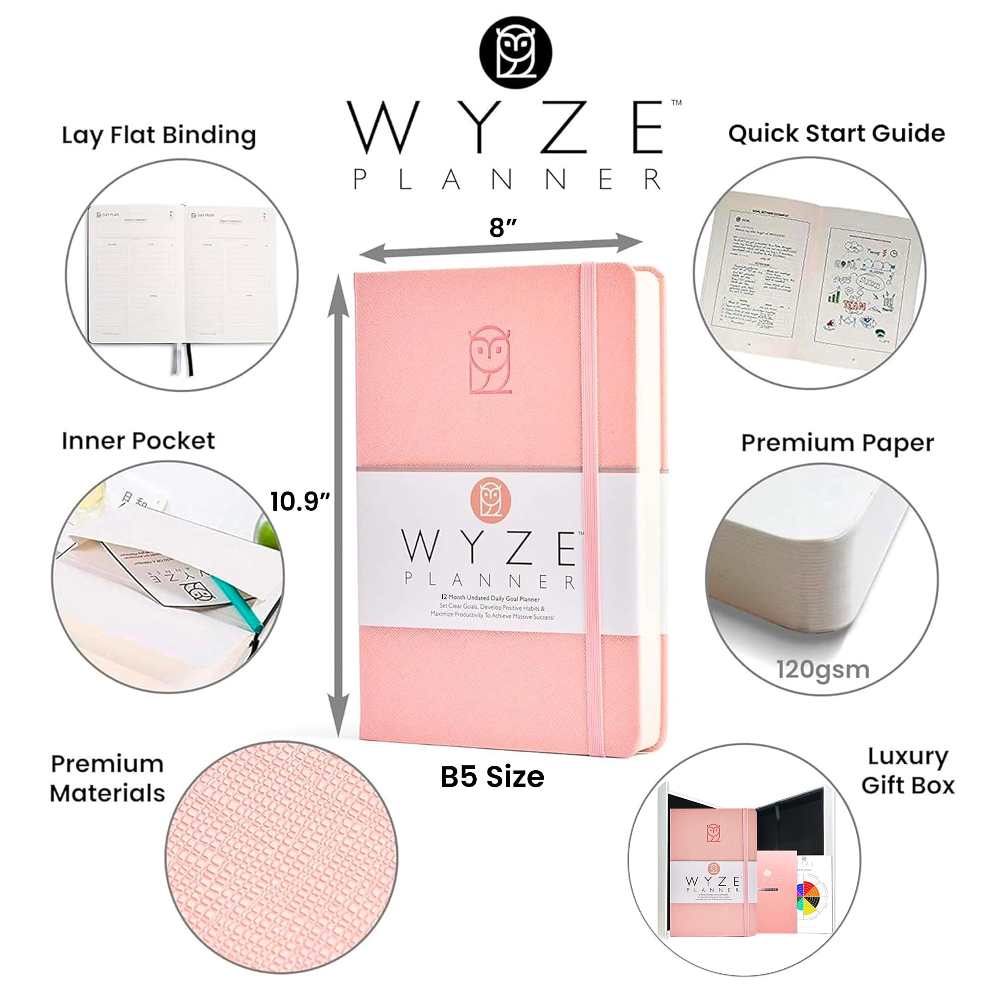 Wyze Planner - Niedatowany planer dzienny, 1 rok, B5, twarda okładka. Ustalanie celów, strony miesięczne, tygodniowe i dzienne, tracker nawyków i kalendarz (różowy)