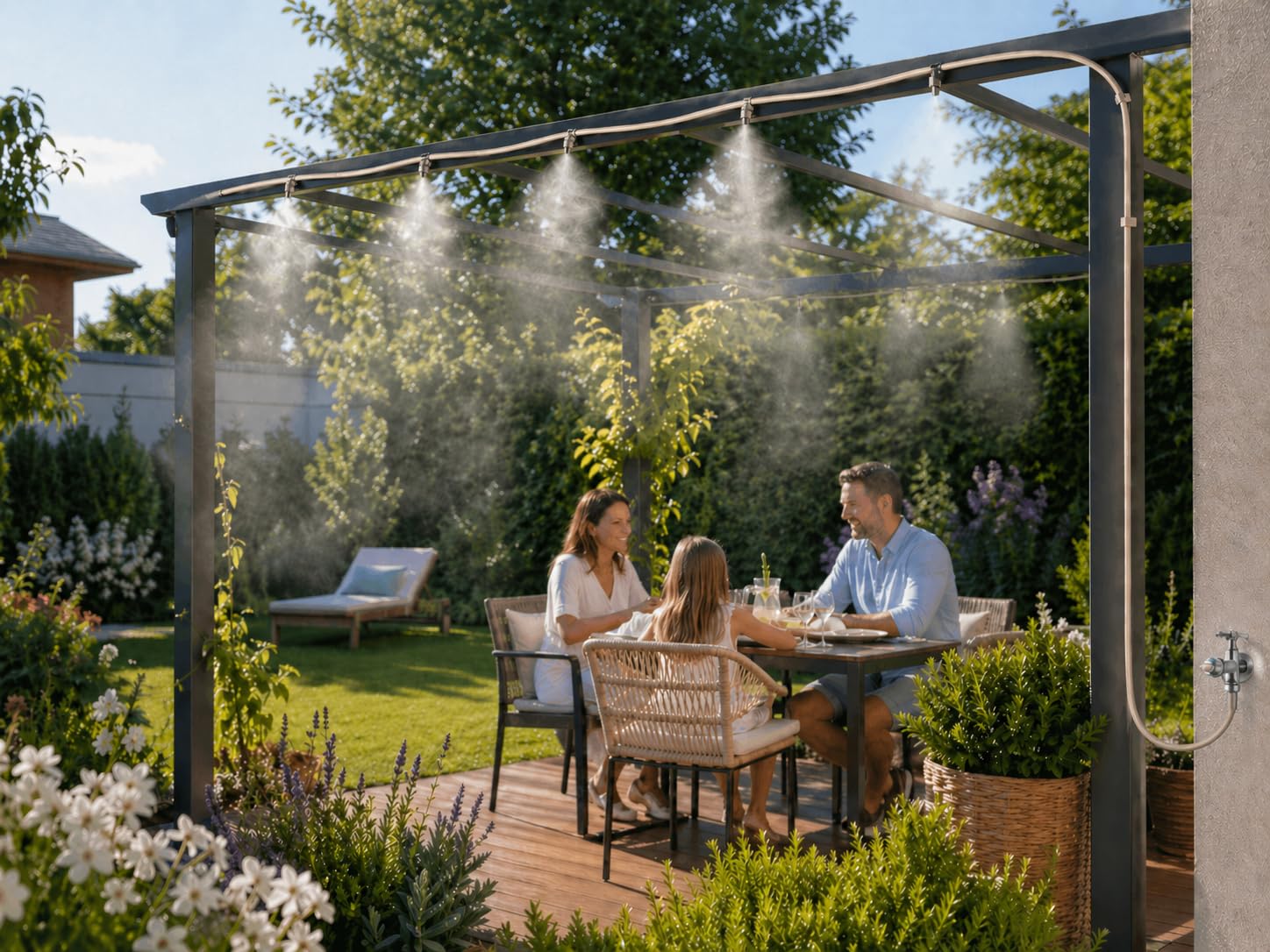 O'FRESH Nebulizador para Terraza 15m - Pérgola Parasol - Nebulización de exterior de alto rendimiento con 12 boquillas de acero inoxidable - 15 metros - Repele mosquitos y plagas voladoras