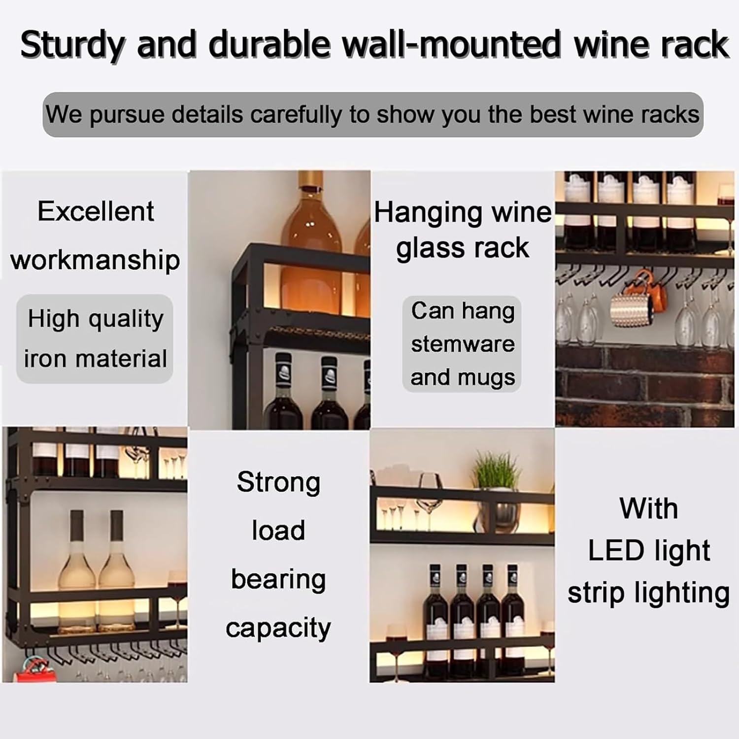 壁掛けワインラック グラスホルダー付き LEDライト付きバーシェルフ