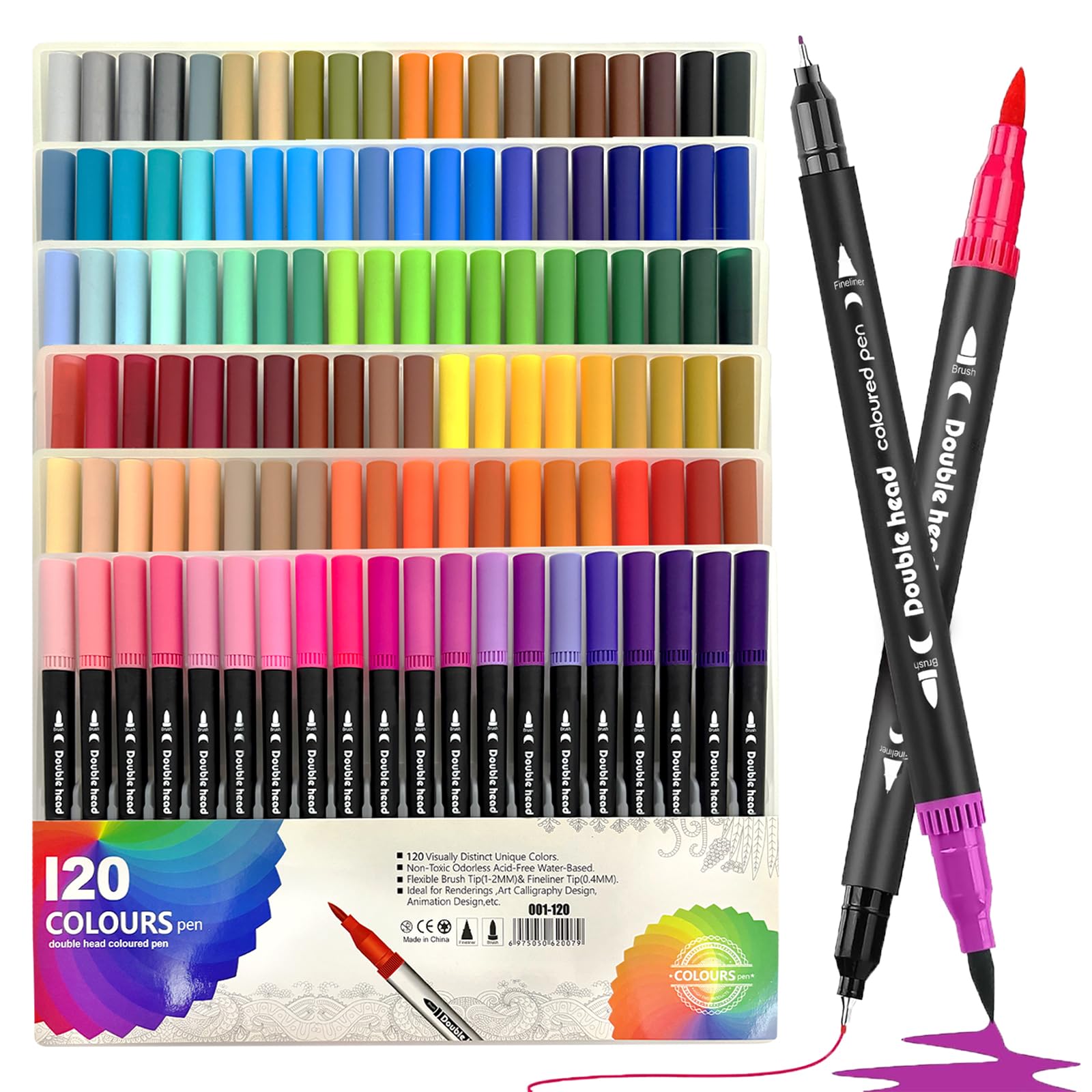 Lurmivex 120 bolígrafos de doble punta para colorear para adultos y principiantes, rotuladores de colores y punta de fieltro, juego de marcadores artísticos para dibujar, pintar, caligrafía, bocetos
