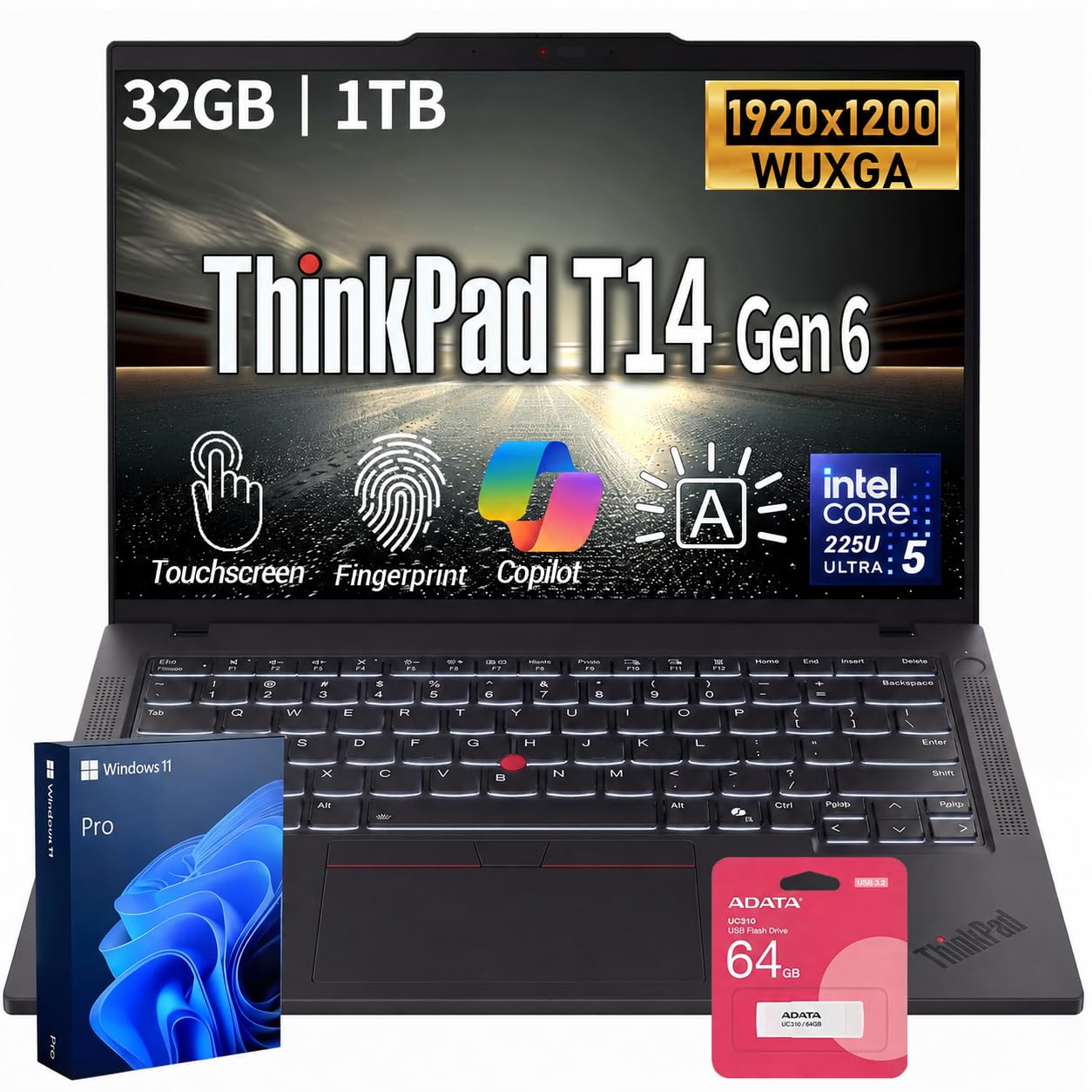 Lenovo ThinkPad T14 FHD+ Touch Business AI Laptop, Intel Core Ultra 5 225U