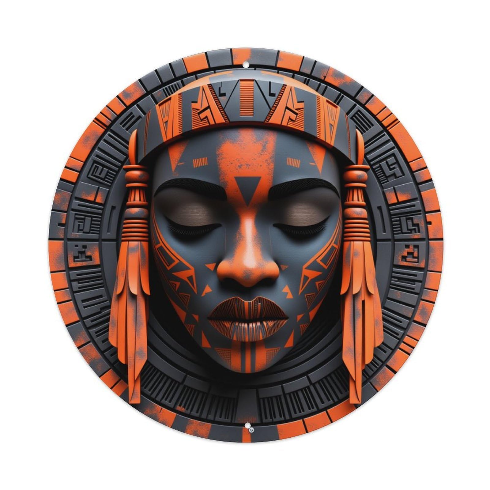 Geometric Tribal Orange Black Face Pattern Round Vintage Tin Sign,Retro Wall Art,Metal Poster for Home, Bar, Garage, Cafe, Rustic Indoor & Outdoor Decor, 8x8 Inches