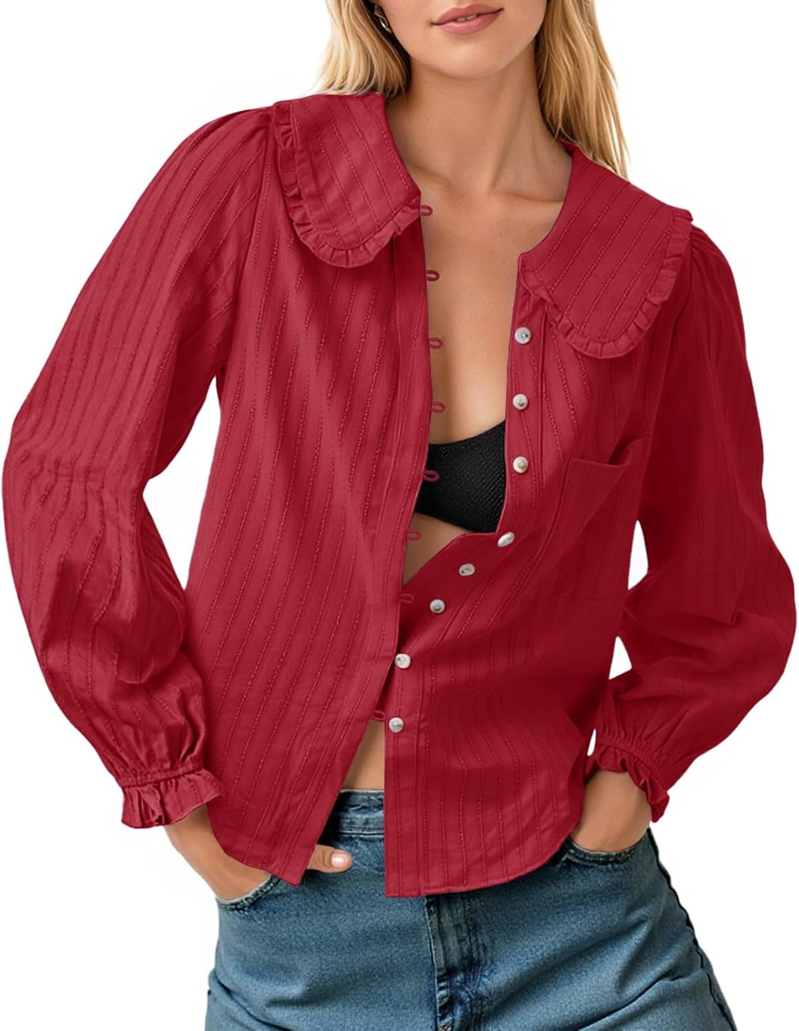 Tankaneo Womens Peter Pan Collar Shirts Puff Long Sleeve Button Down Cotton Blouse Casual Fall Textured Tops