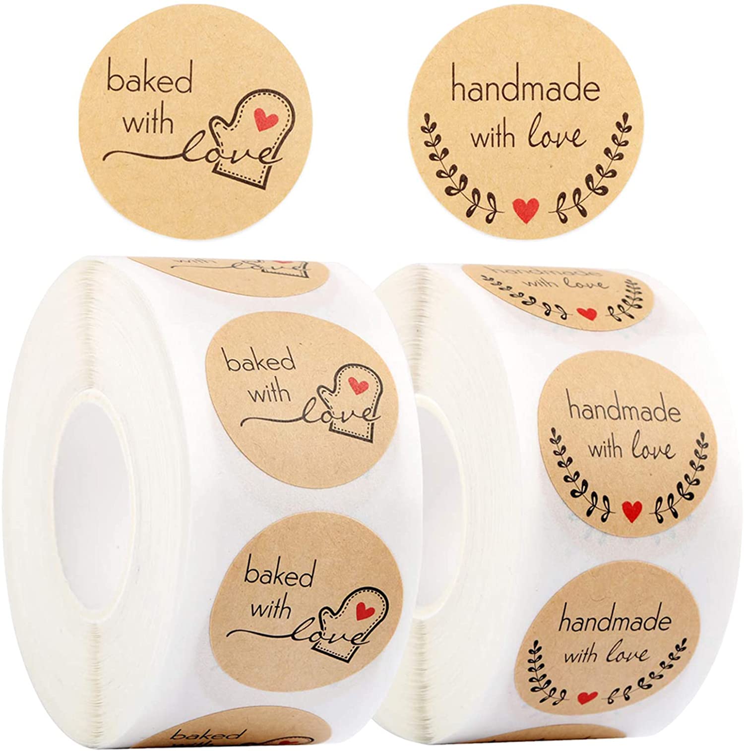 KASTWAVE 1000Pcs/2 Rolls Kraft Paper Thank You Stickers Handmade with Love & Baked with Love 1 Inch Round DIY Self-Adhesive Stickers Homemade Baking Packing Labels
