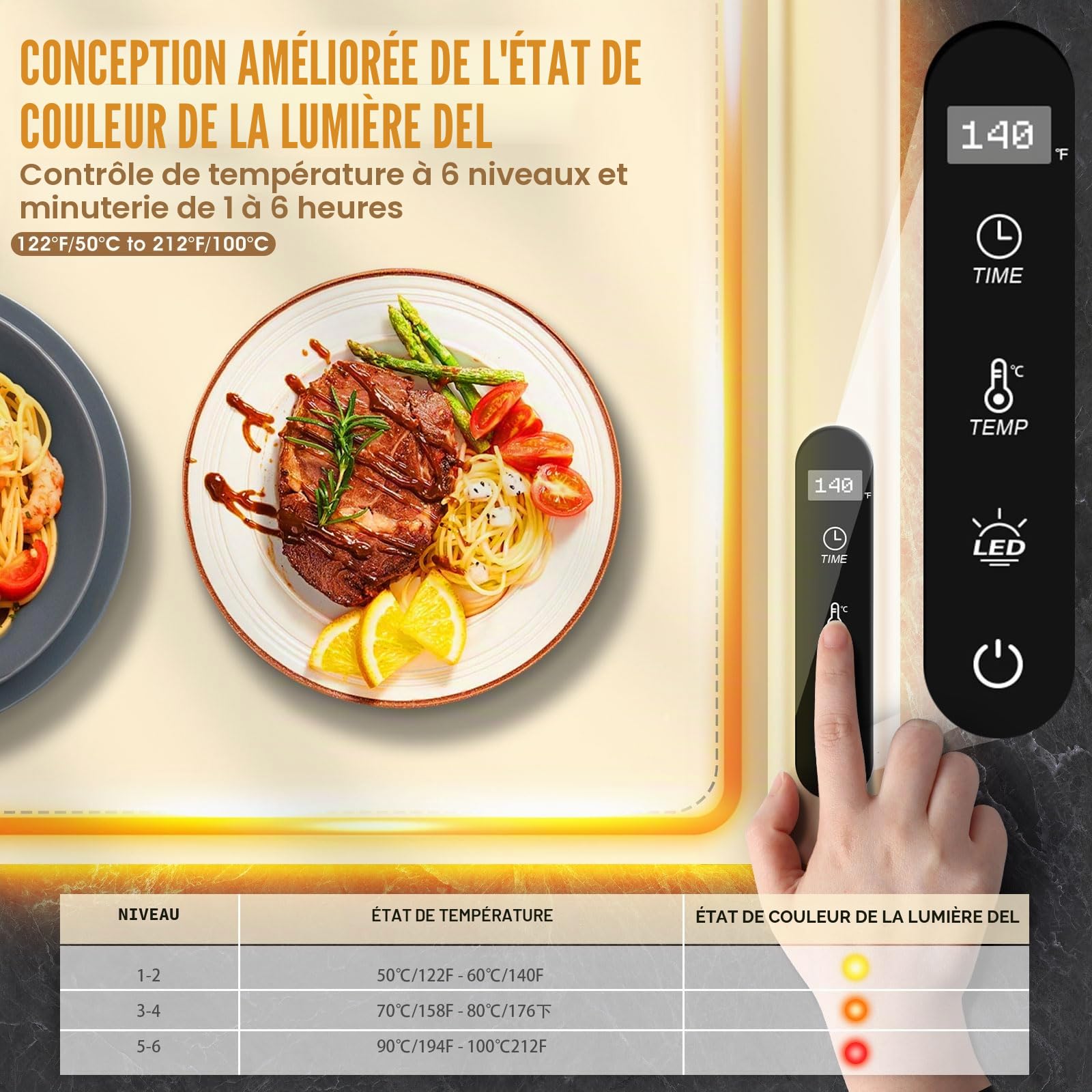KingSom Chauffe Plat Électrique avec LED lumière, Plateau Chauffant en Silicone Pliable, Température Réglable 50-100°C & 1-6H Minuterie, Plaque Chauffante pour Fêtes, Buffet, Réunions de Famille